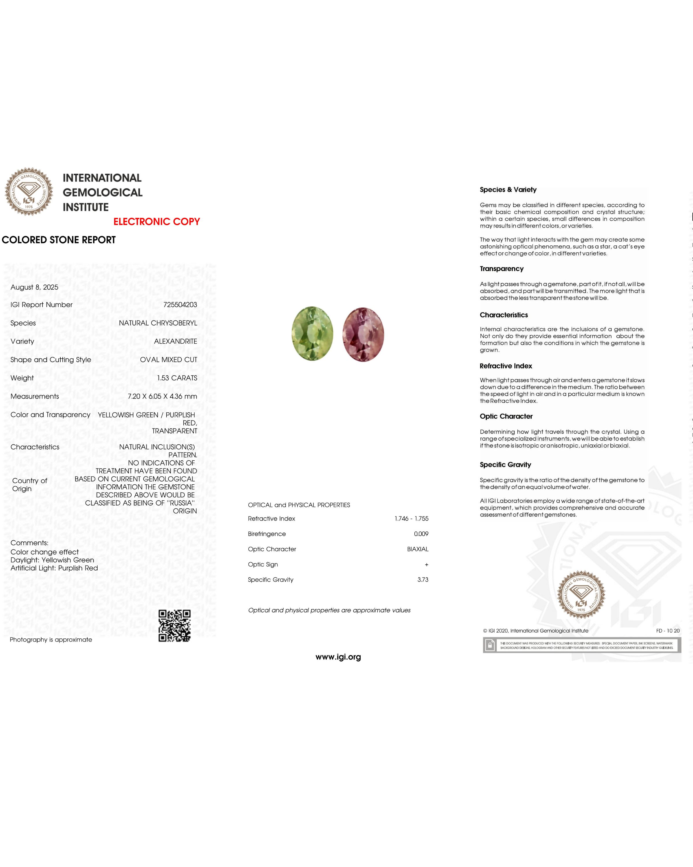 IGI Certified 1.53 Ct Natural Russia Alexandrite