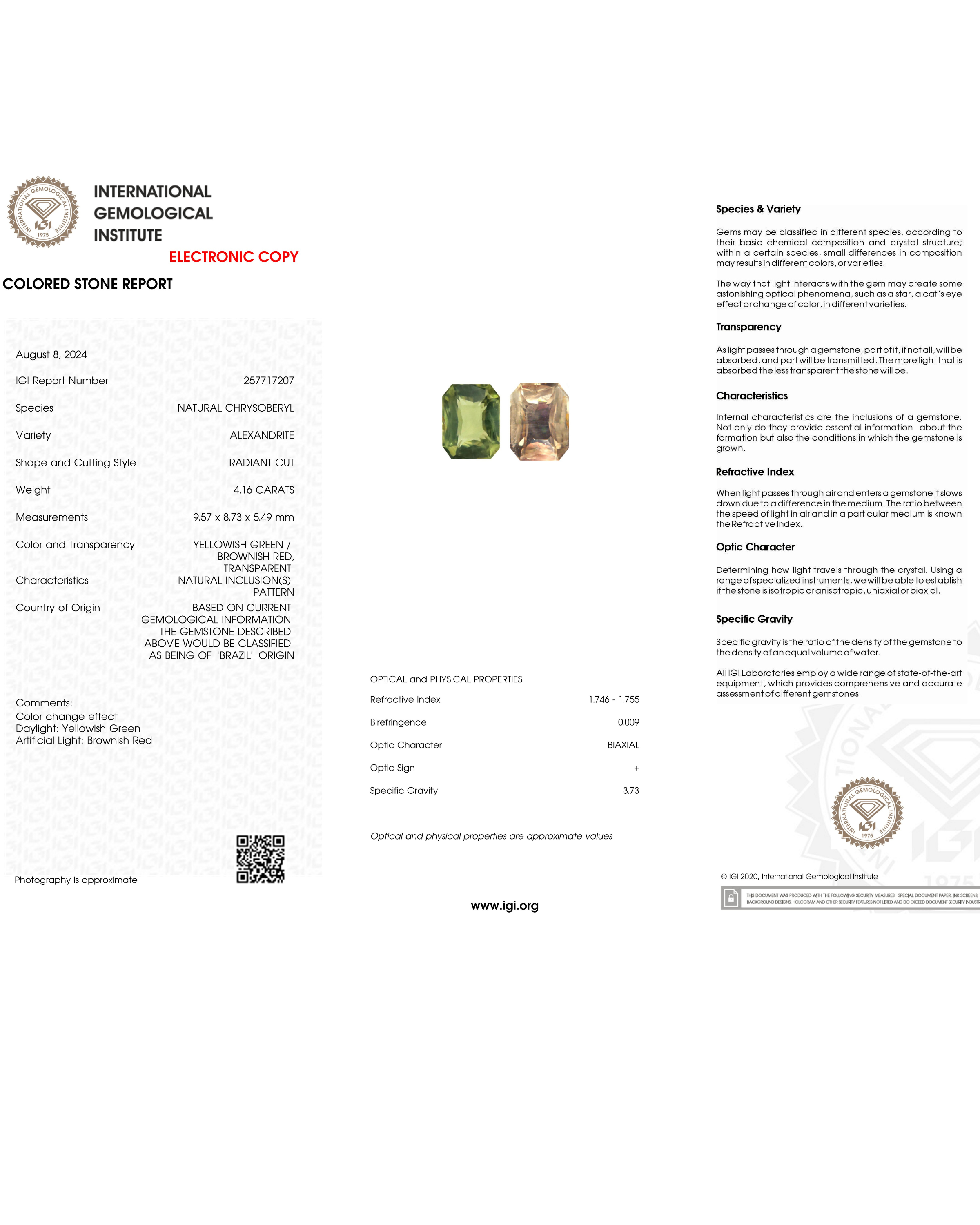 IGI Certified 4.16 Ct Natural Brazil Alexandrite