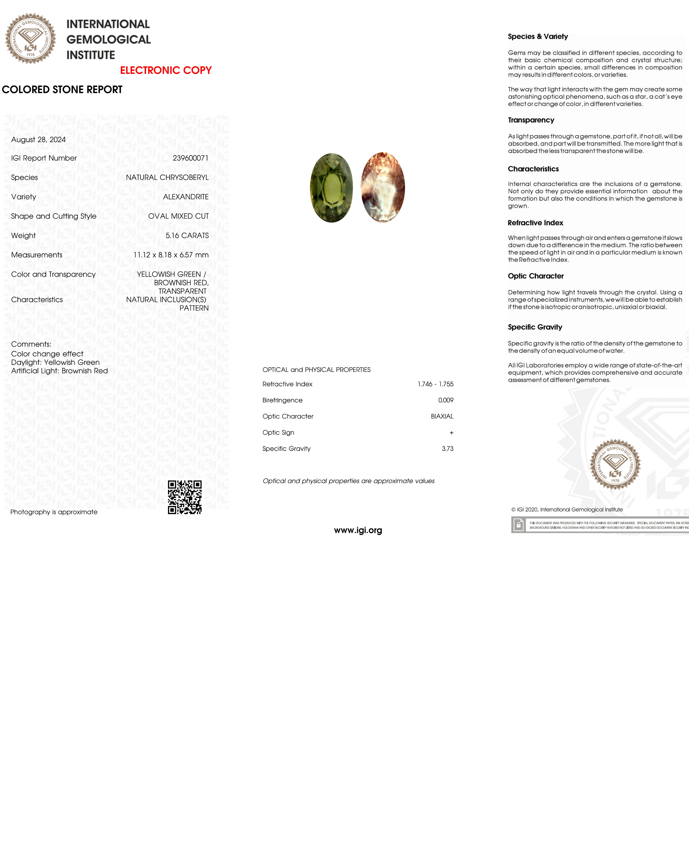 IGI Certified 5.16 Ct Natural Alexandrite