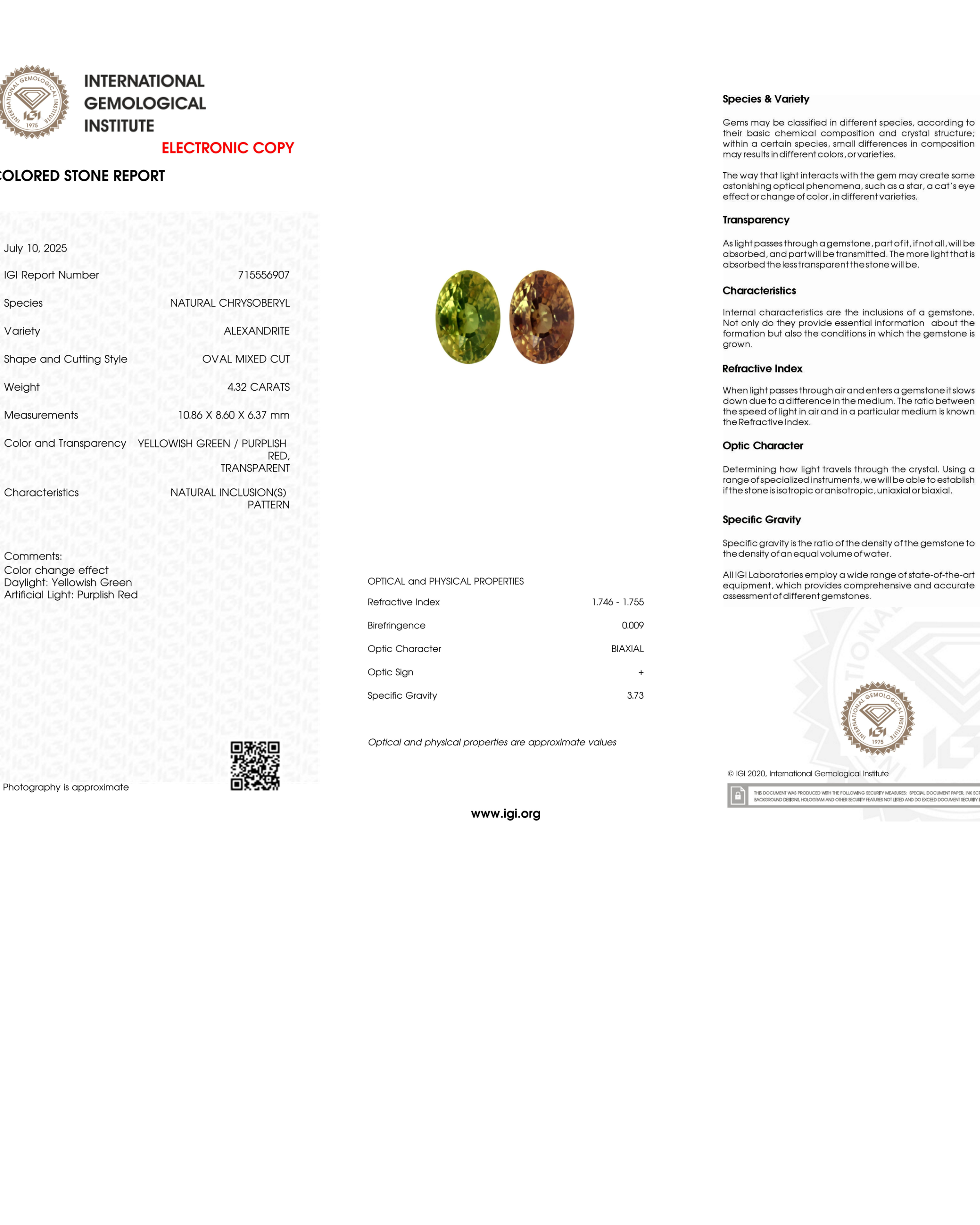 IGI Certified 4.32 Ct Natural Alexandrite