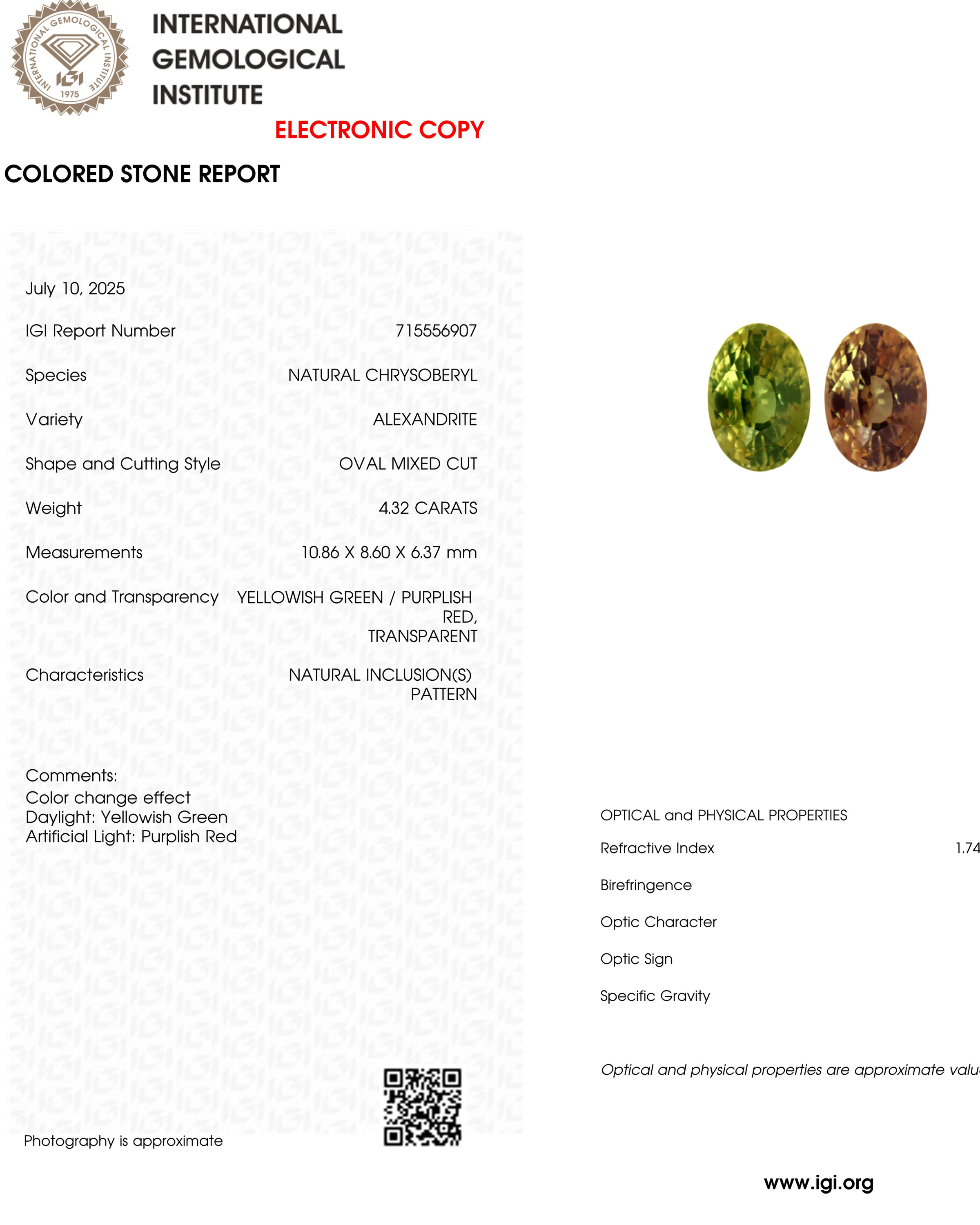 IGI Certified 4.32 Ct Natural Alexandrite