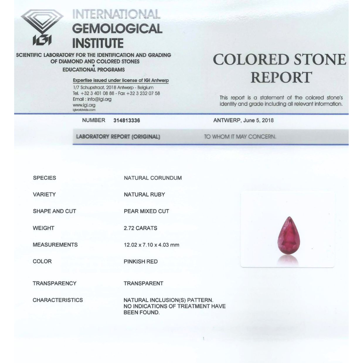 IGI Certified 2.72 Ct - 2.98 Ratti Natural Ruby IGI Certified