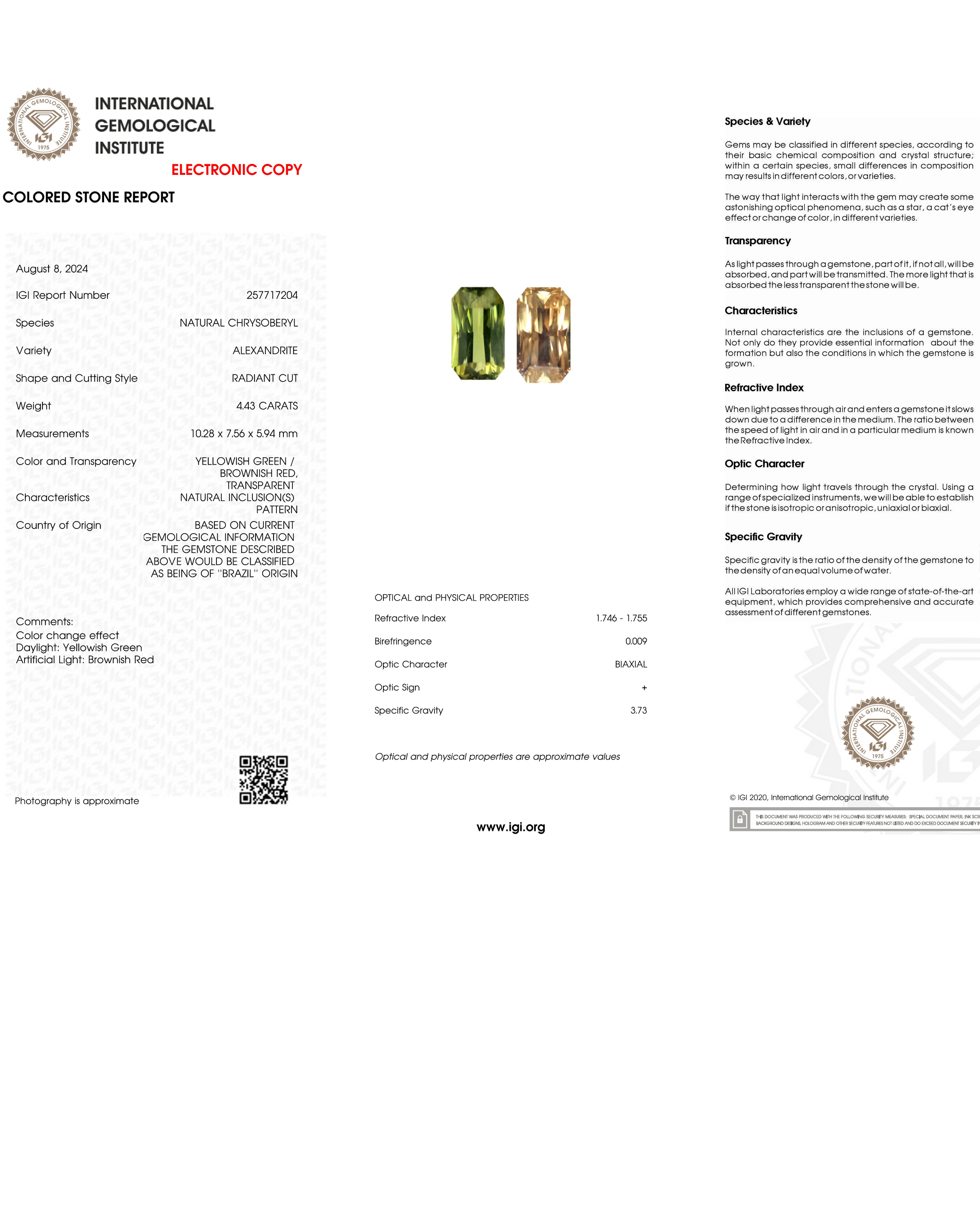 IGI Certified 4.43 Ct Natural Brazil Alexandrite