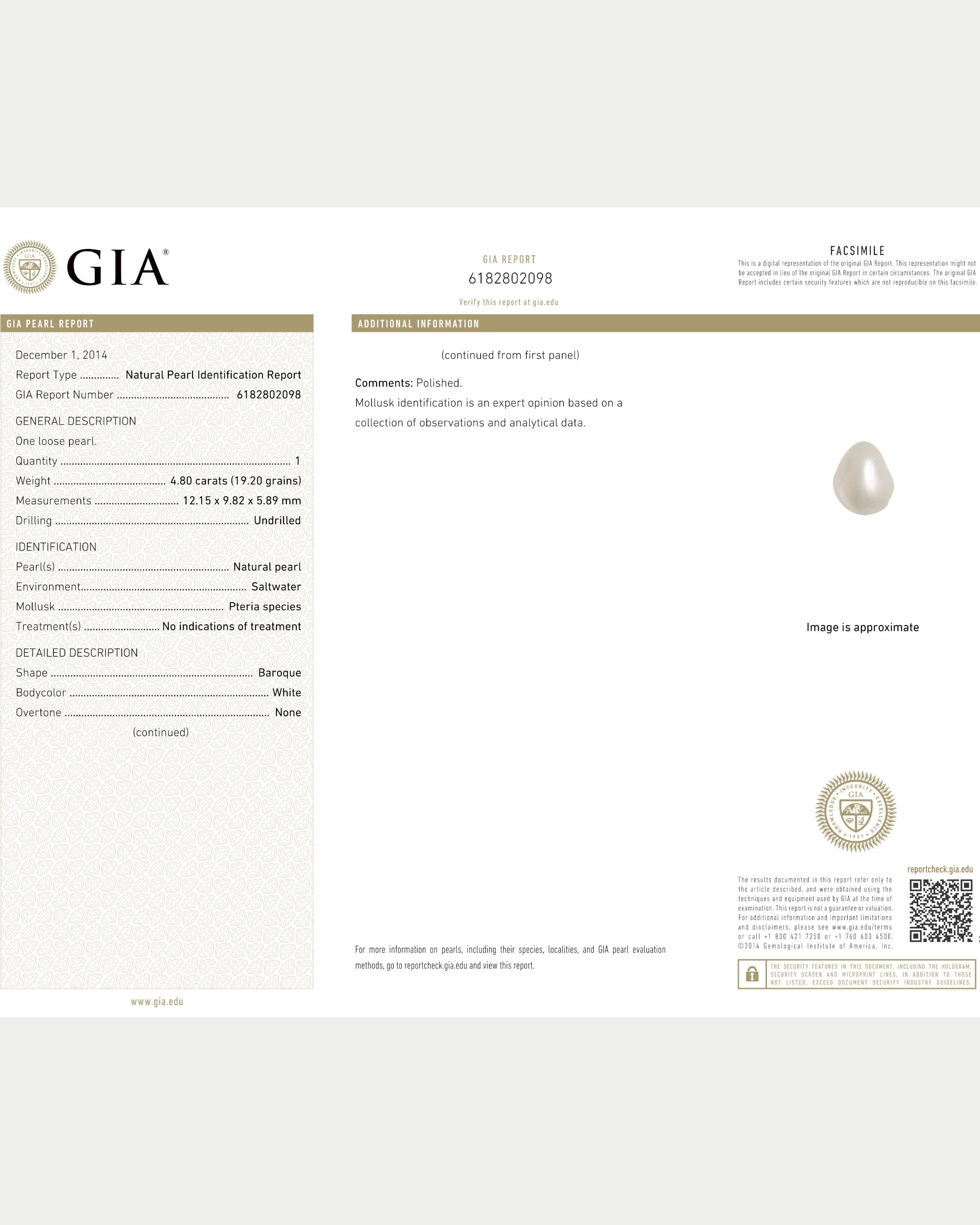 GIA Certified 4.80 Ct - 5.33 Ratti Natural Salt Water Pearl
