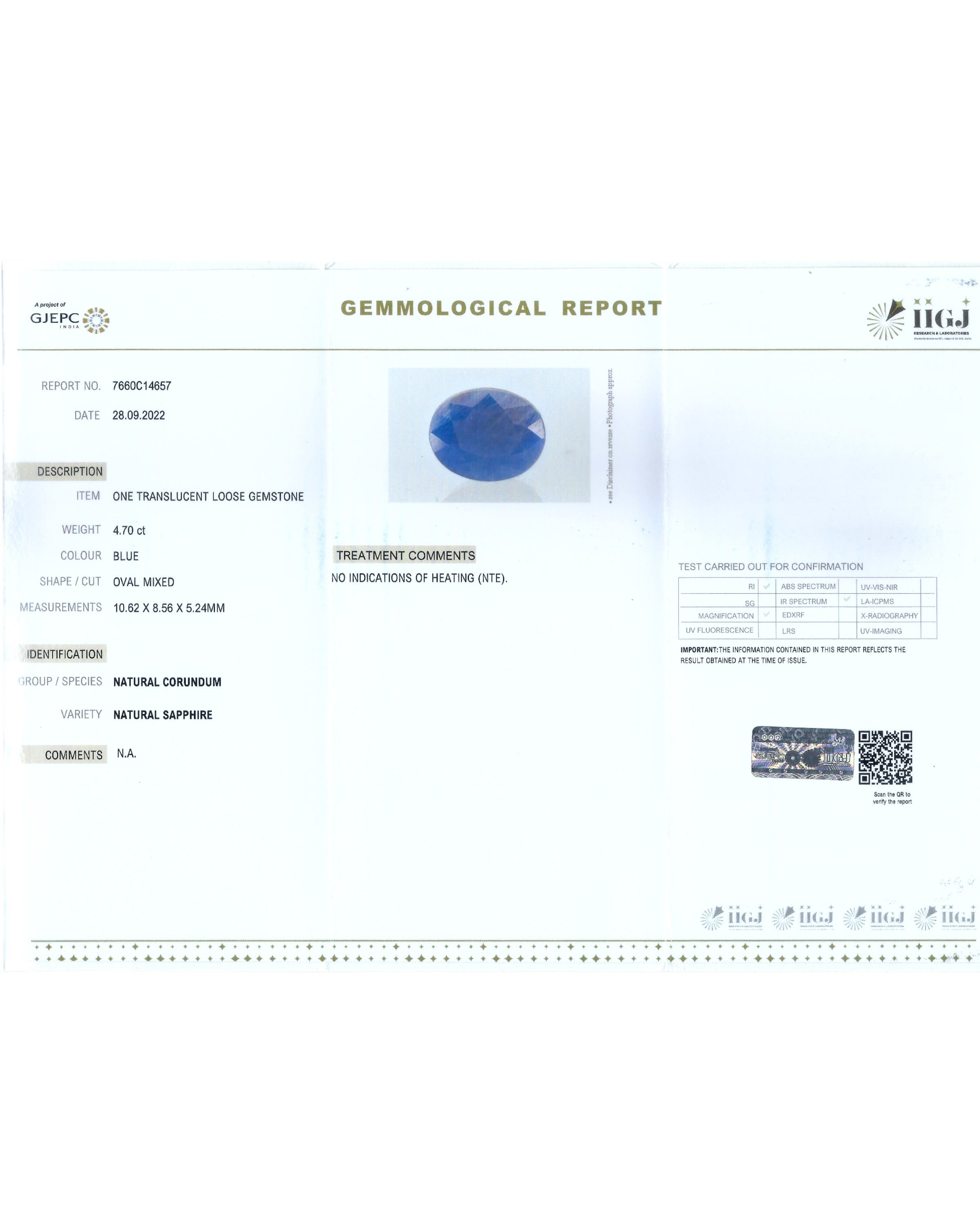IIGJ Certified 4.70 Ct - 5.22 Ratti Natural Unheated Blue Sapphire-Neelam