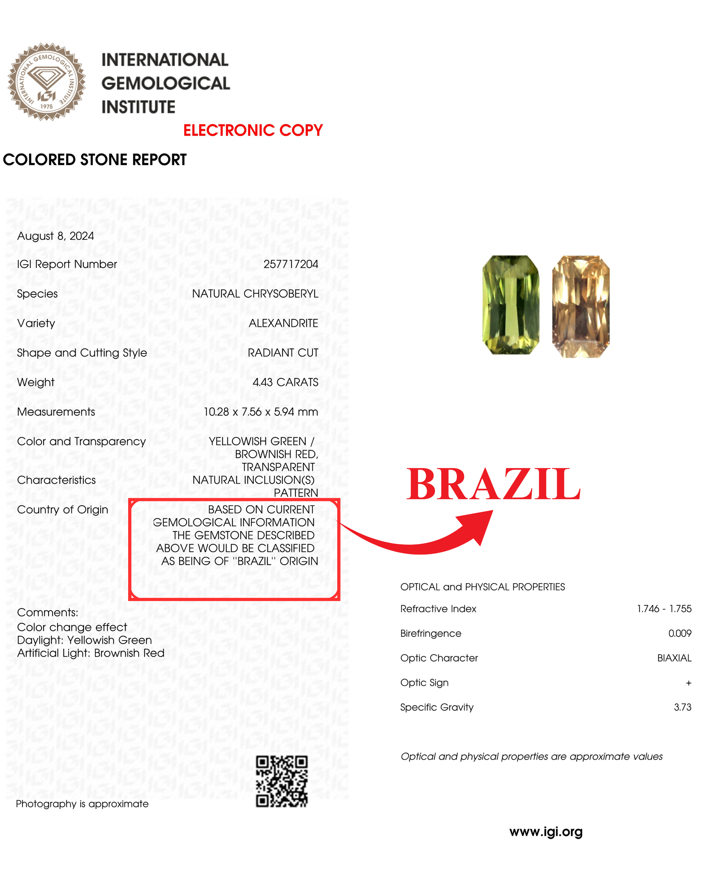 IGI Certified 4.43 Ct Natural Brazil Alexandrite