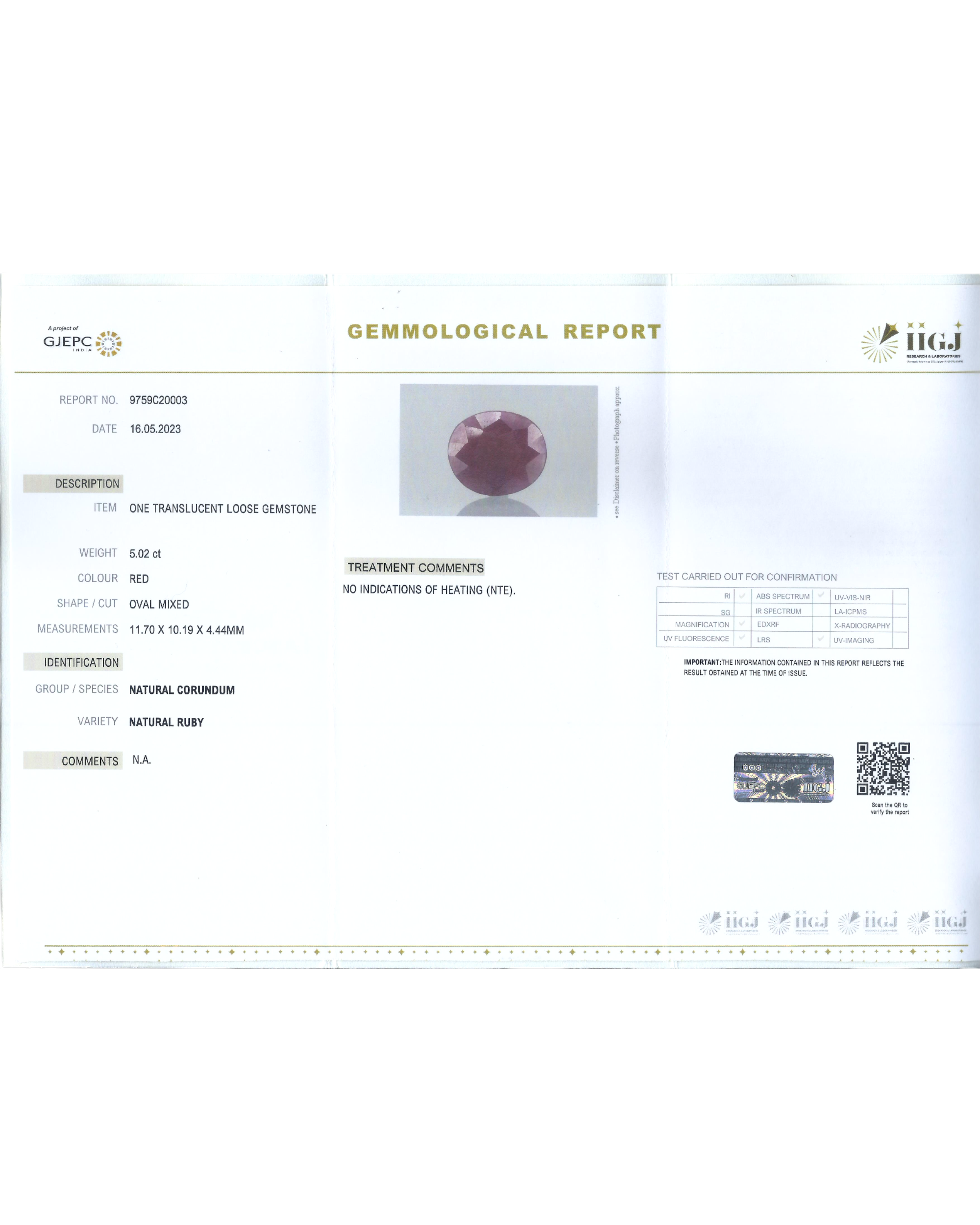 IIGJ Certified 5.02 Ct - 5.57 Ratti Unheated Untreated Natural Ruby Manik
