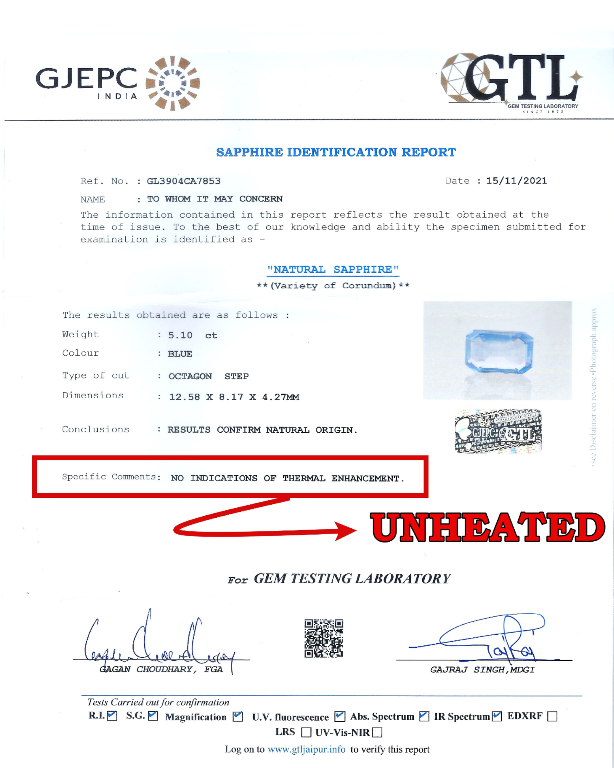 GTL Certified 5.10 Ct - 5.66 Ratti Natural Unheated Ceylon Blue Sapphire - Neelam