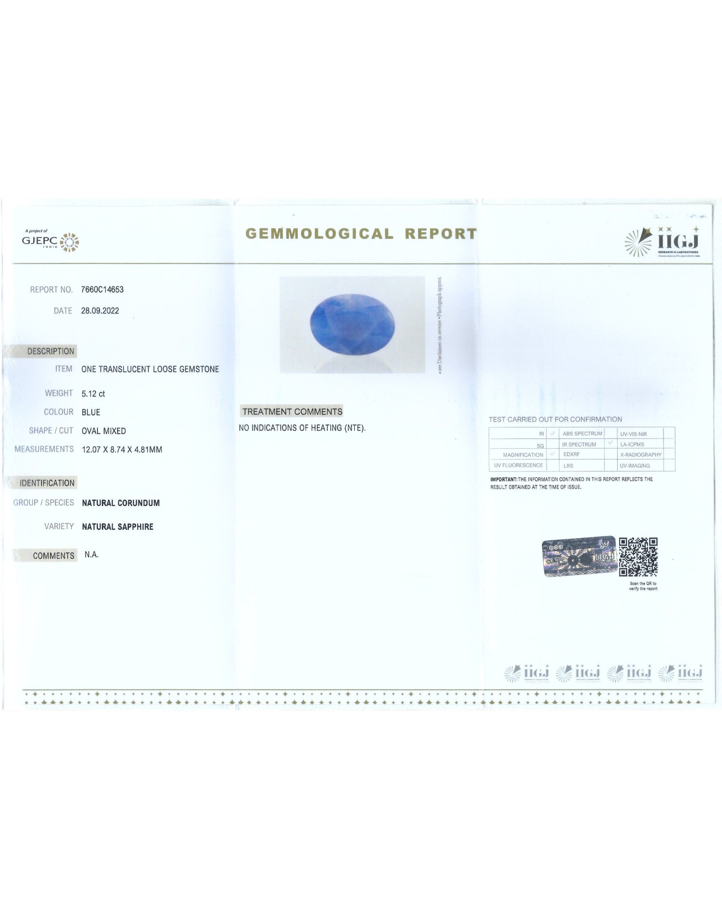 IIGJ Certified 5.12 Ct - 5.68 Ratti Natural Unheated Blue Sapphire-Neelam