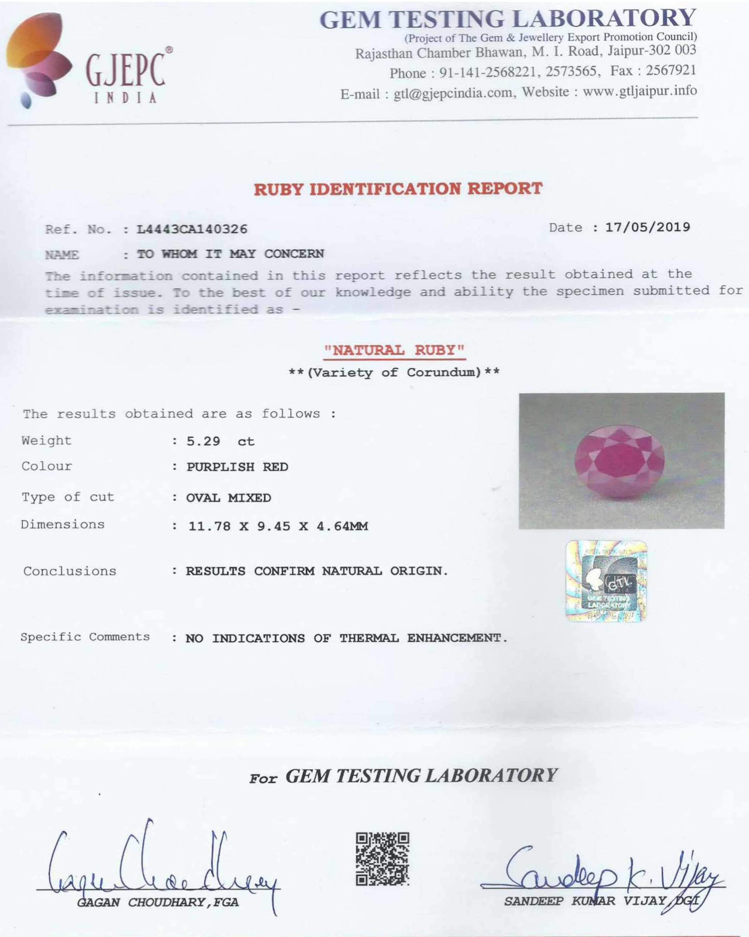 IIGJ Certified 5.29 Ct - 5.87 Ratti Unheated Untreated Natural Ruby Manik