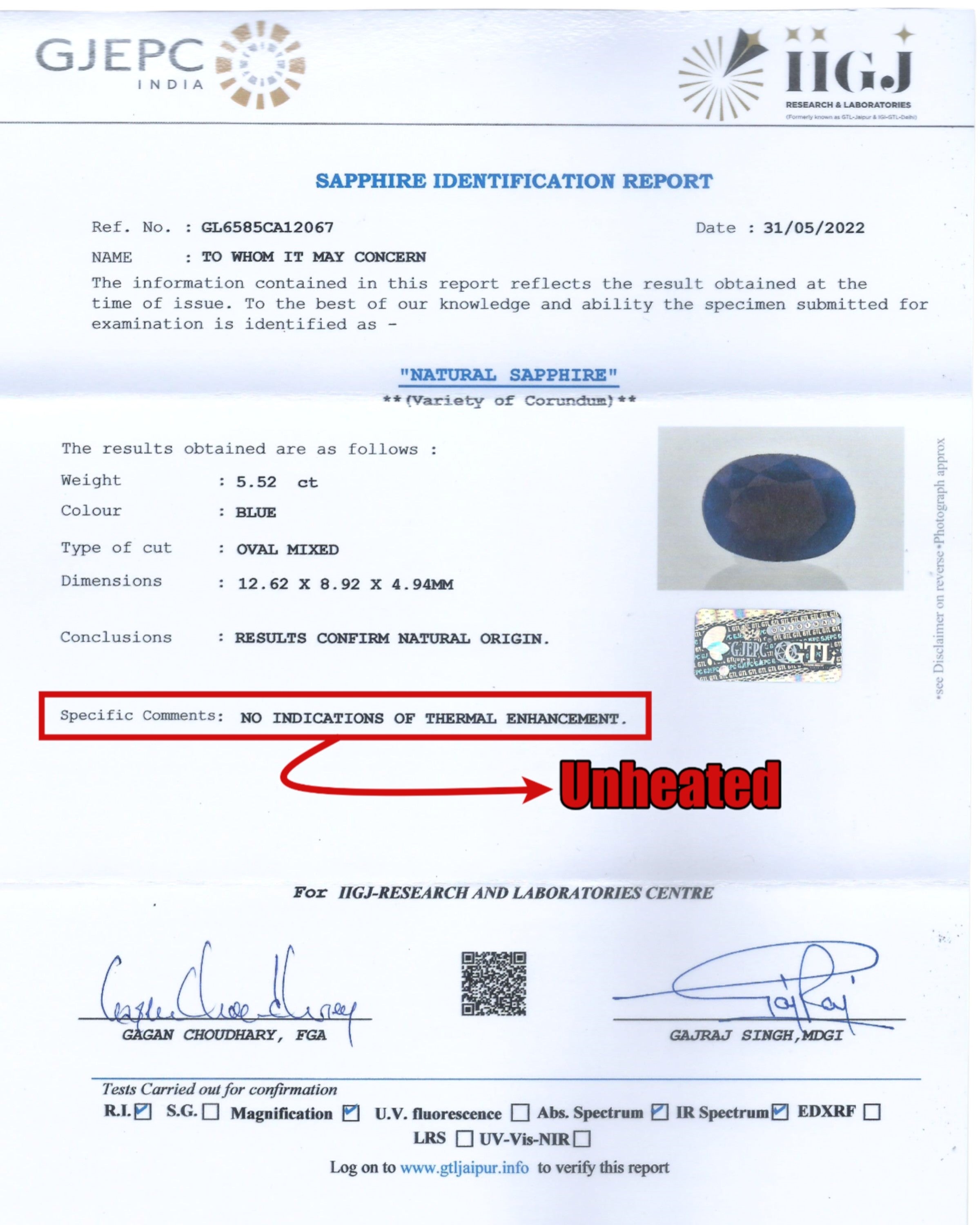 GTL Certified 5.52 Ct - 6.13 Ratti Natural Unheated Blue Sapphire-Neelam