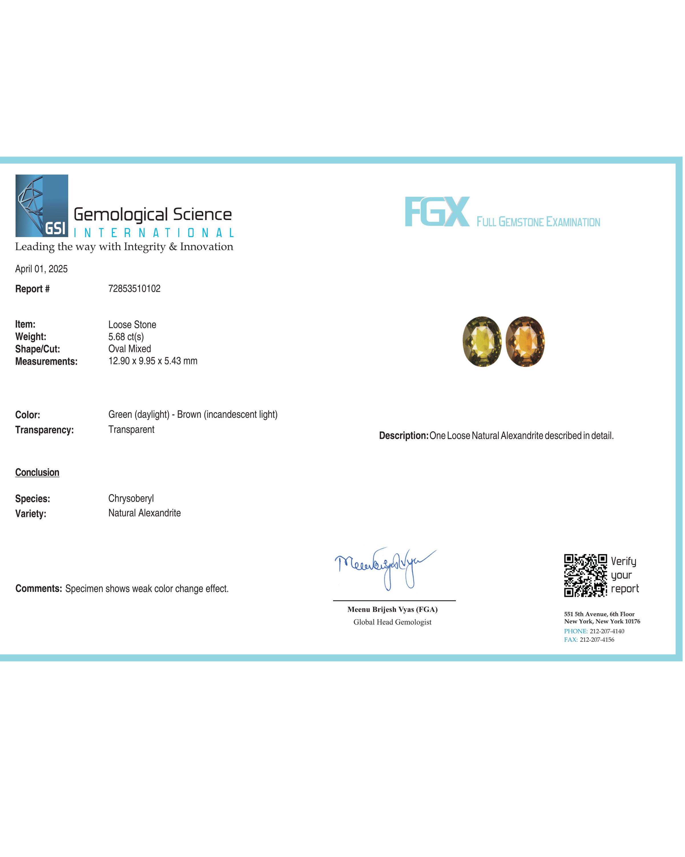 GSI Certified 5.68 Ct Natural Alexandrite