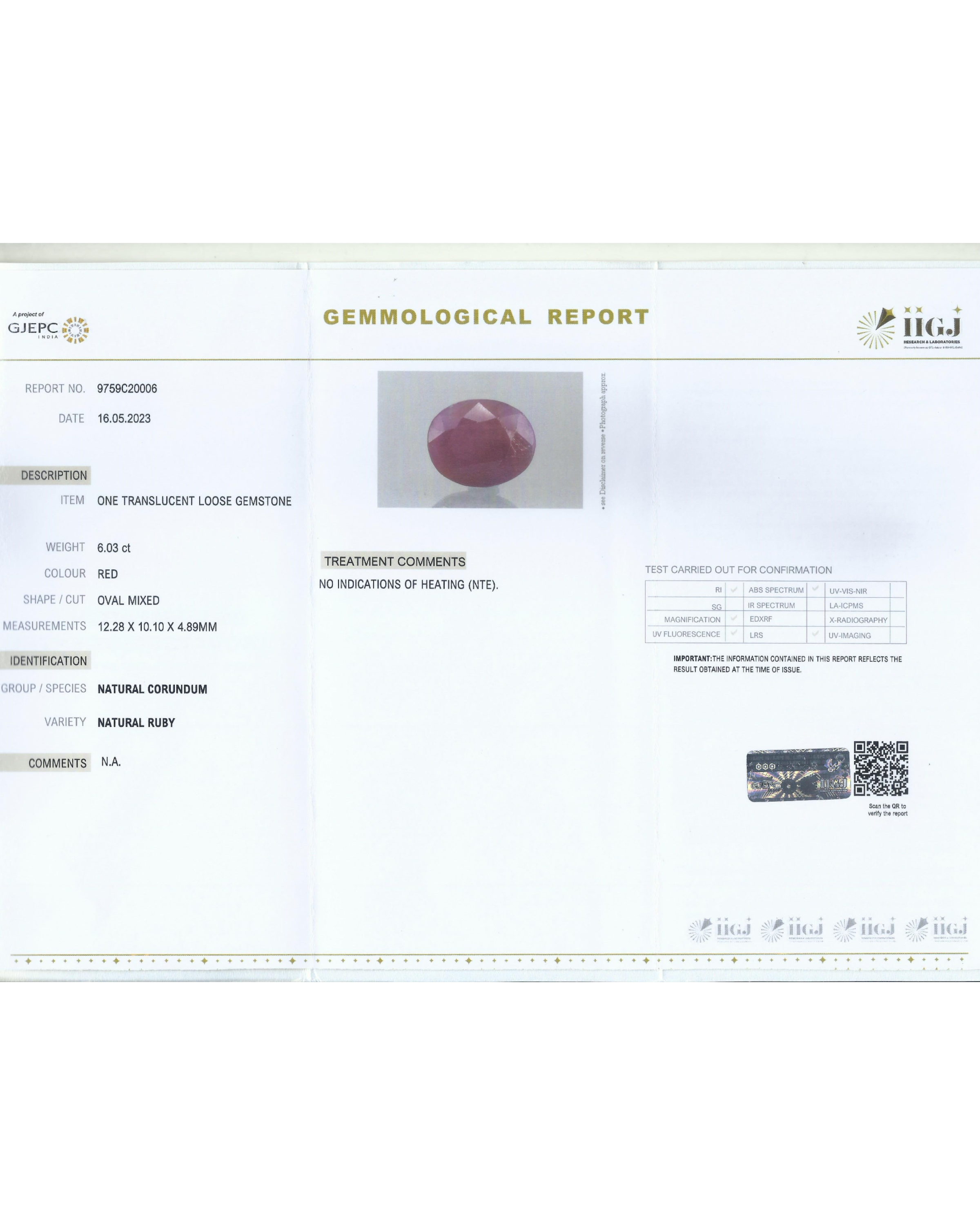 IIGJ Certified 6.03 Ct - 6.70 Ratti Unheated Untreated Natural Ruby Manik