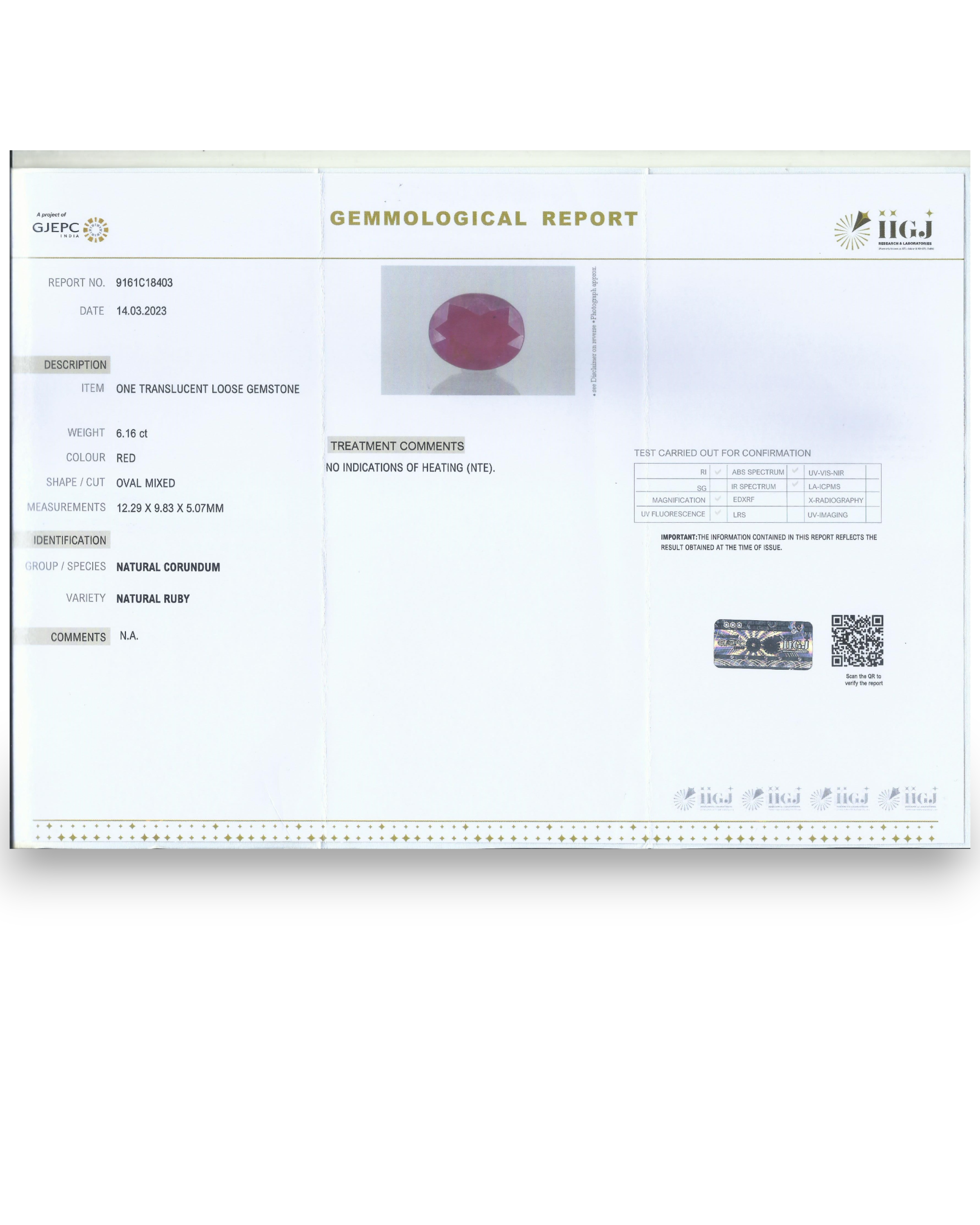 IIGJ Certified 6.16 Ct - 6.84 Ratti Unheated Untreated Natural Ruby Manik