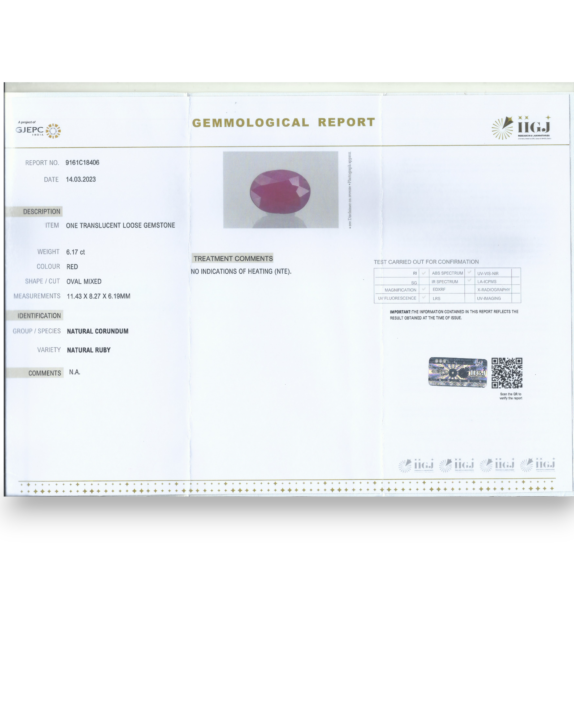 IIGJ Certified 6.17 Ct - 6.85 Ratti Unheated Untreated Natural Ruby Manik