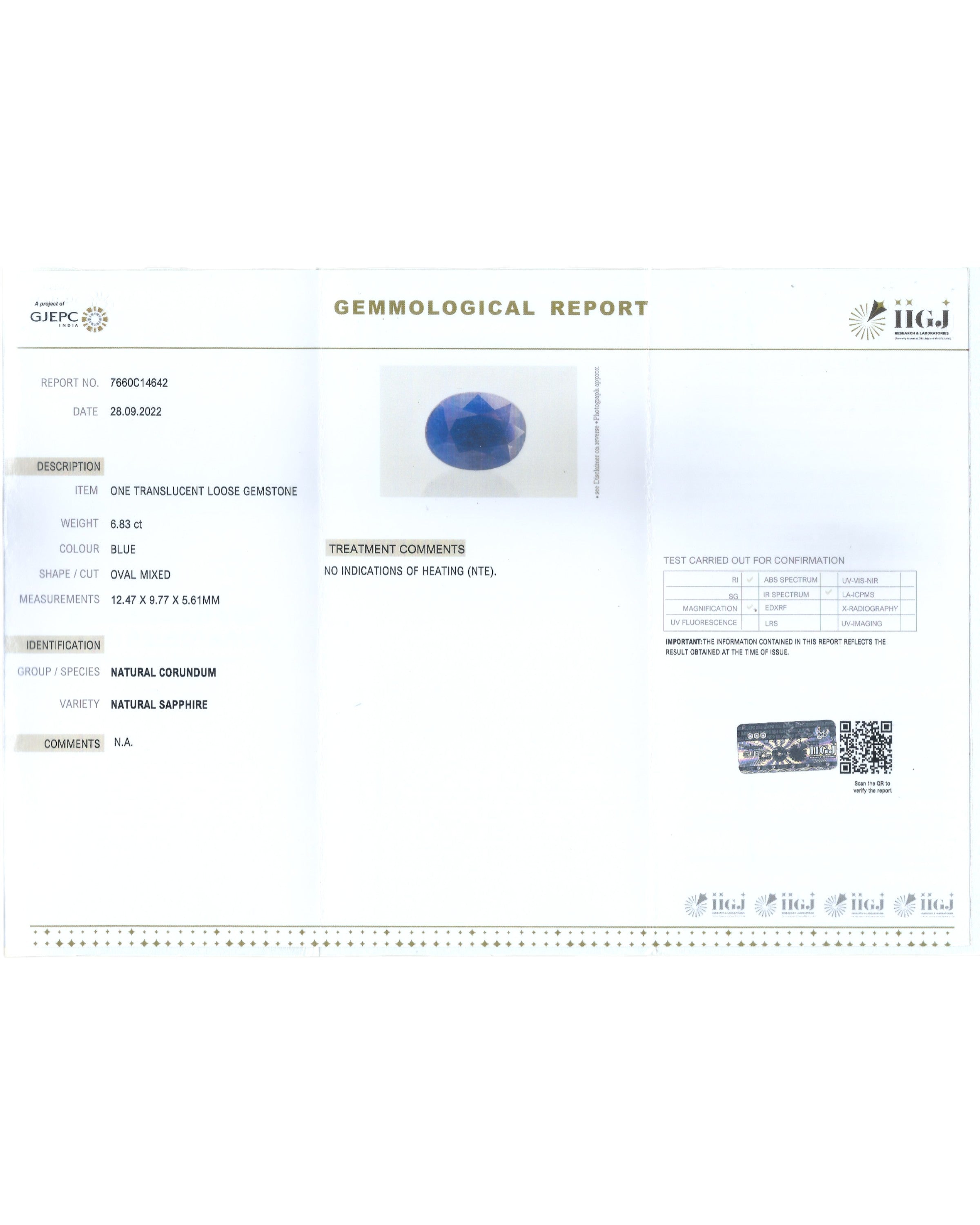 IIGJ Certified 6.83 Ct - 7.58 Ratti Natural Unheated Blue Sapphire-Neelam