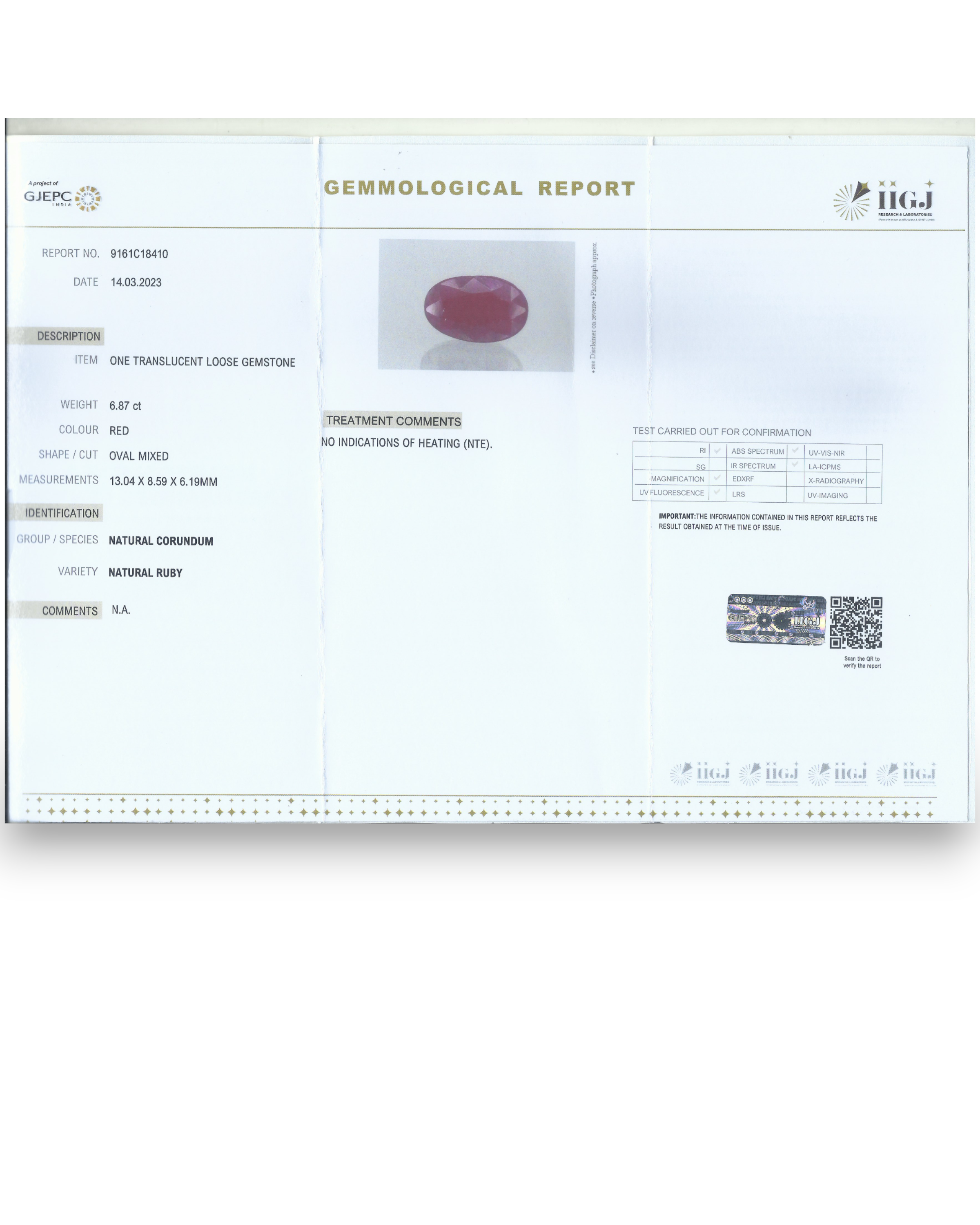 IIGJ Certified 6.87 Ct - 7.63 Ratti Unheated Untreated Natural Ruby Manik