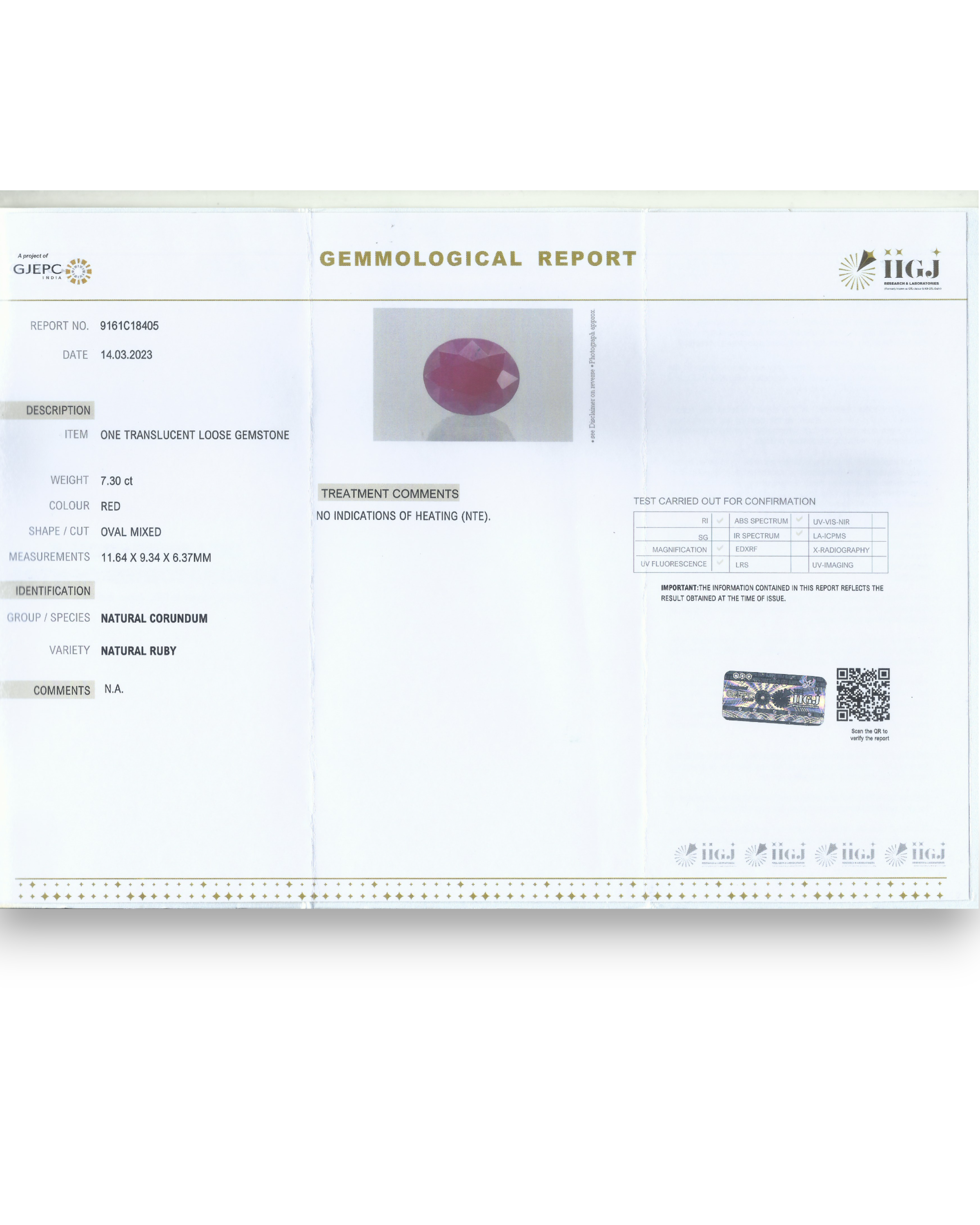 IIGJ Certified 7.30 Ct - 8.11 Ratti Unheated Untreated Natural Ruby Manik