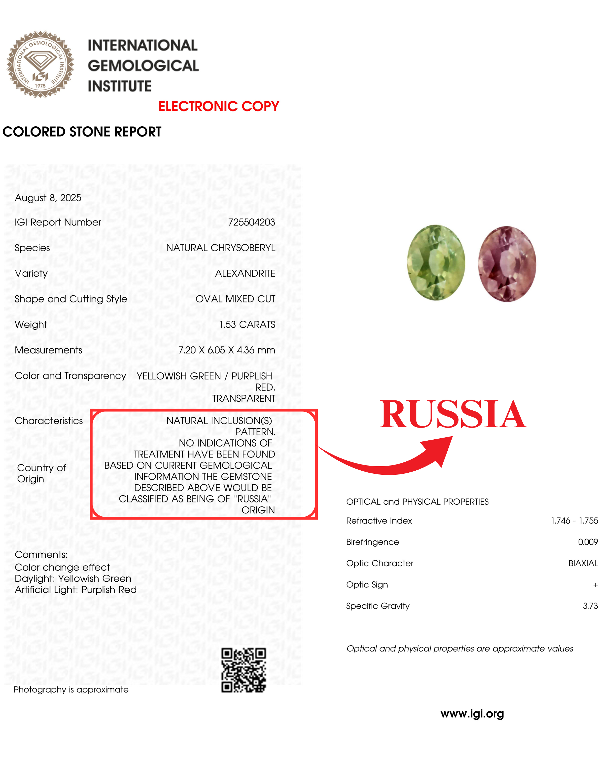 IGI Certified 1.53 Ct Natural Russia Alexandrite
