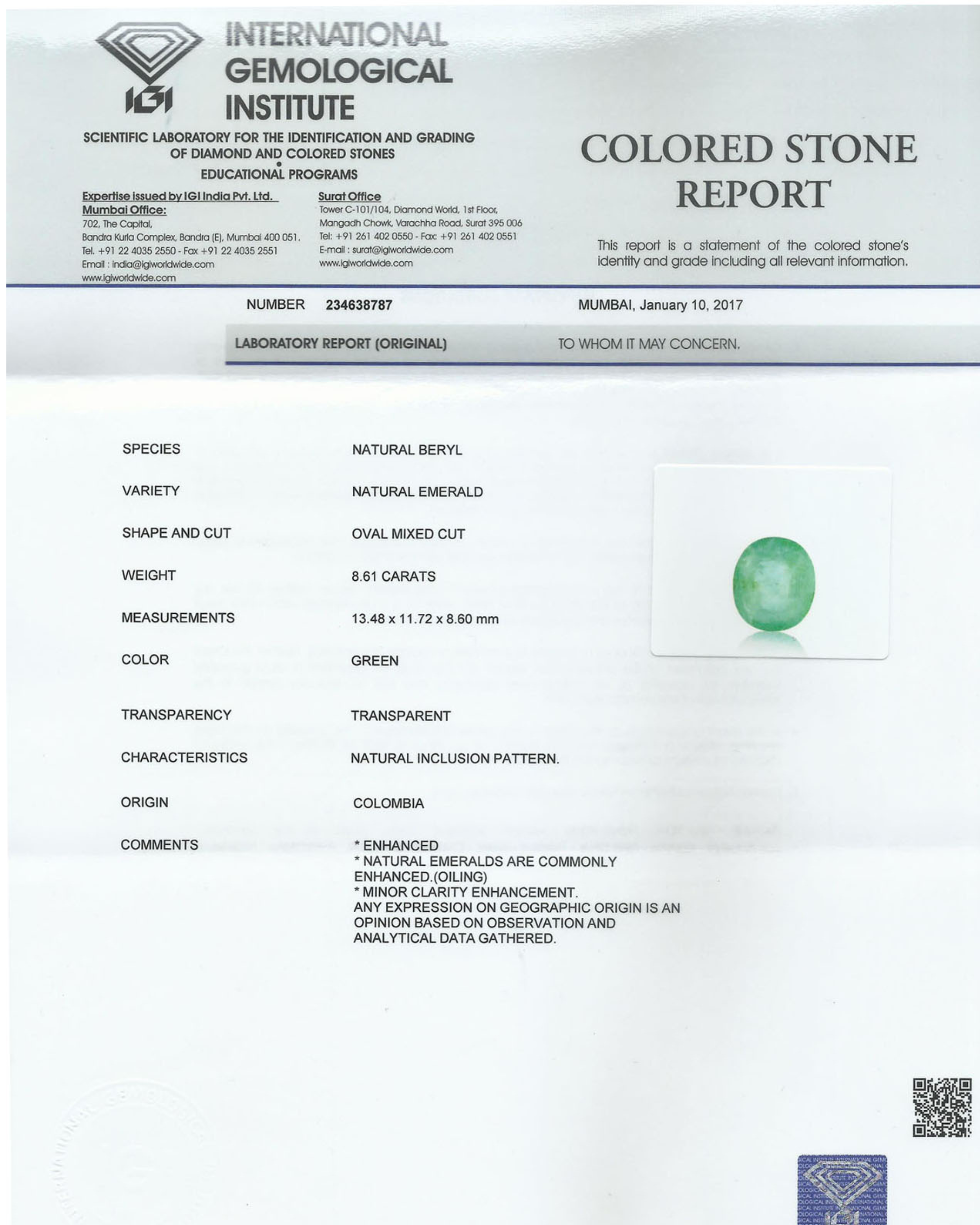 Top Grade 8.61 Ct - 9.56 Ratti Natural Colombian Emerald - Panna