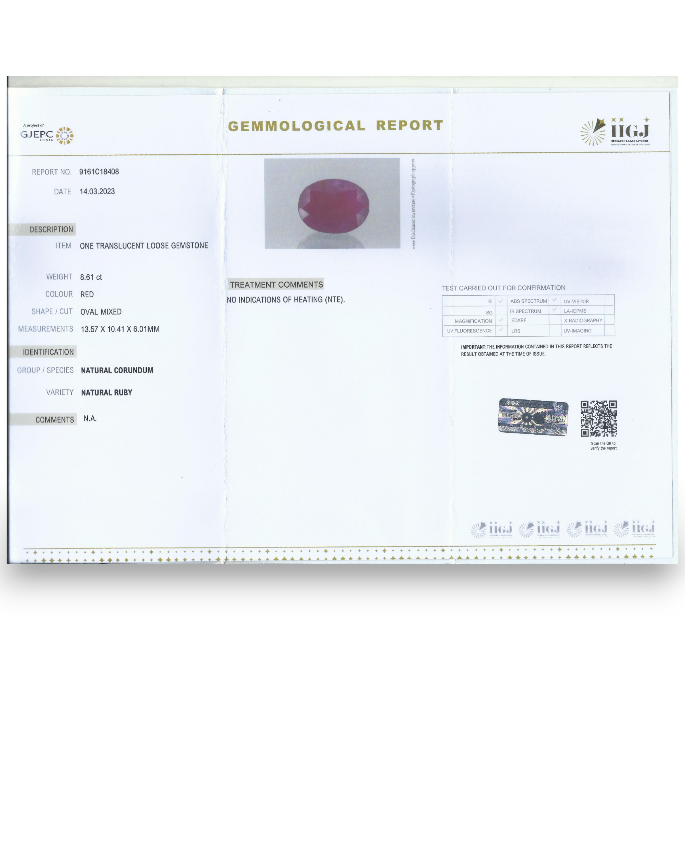 IIGJ Certified 8.61 Ct - 9.56 Ratti Unheated Untreated Natural Ruby Manik