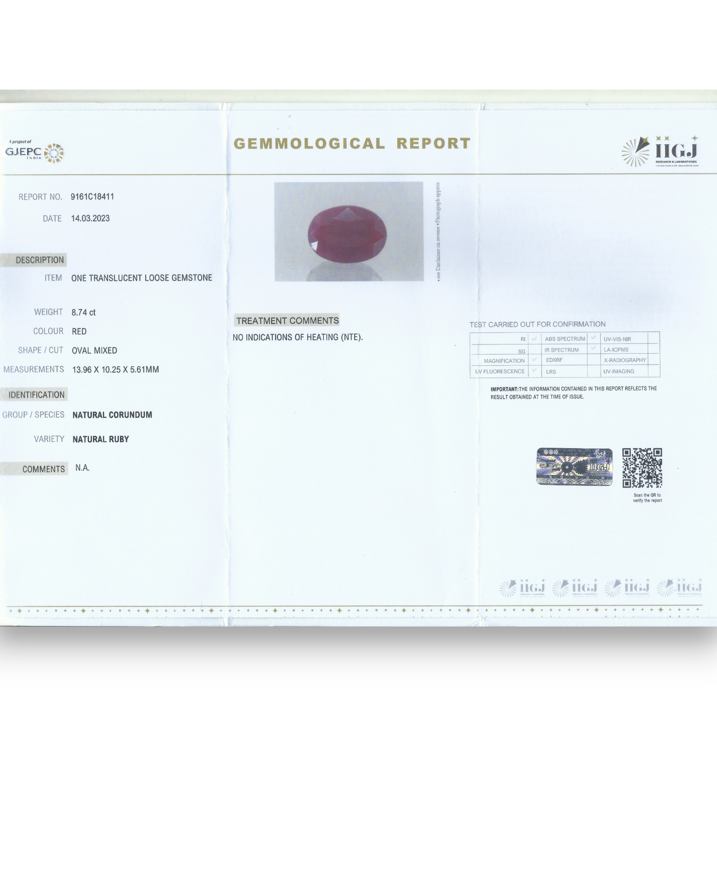 IIGJ Certified 8.74 Ct - 9.71 Ratti Unheated Untreated Natural Ruby Manik