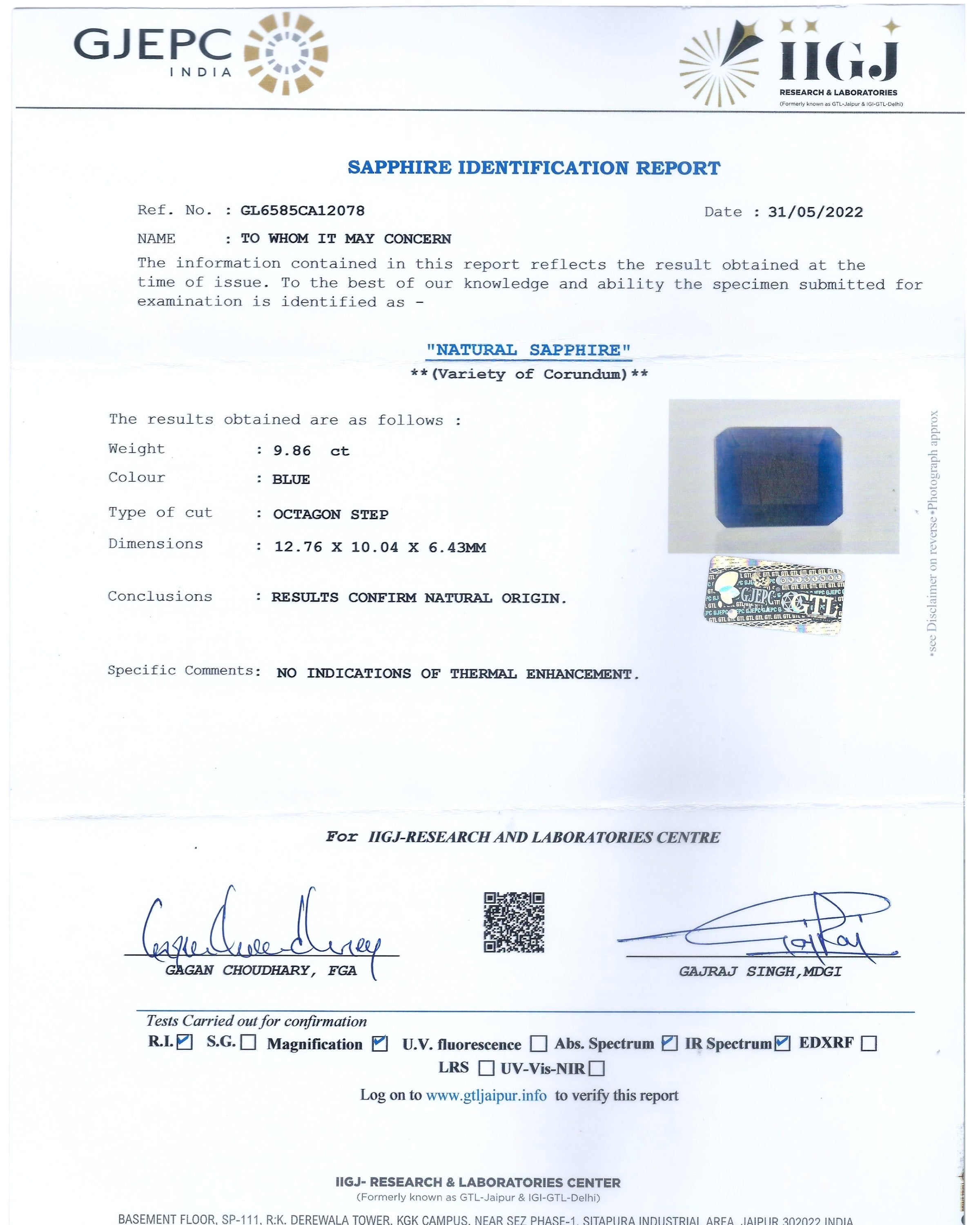 GTL Certified 9.86 Ct - 10.95 Ratti Natural Unheated Blue Sapphire-Neelam