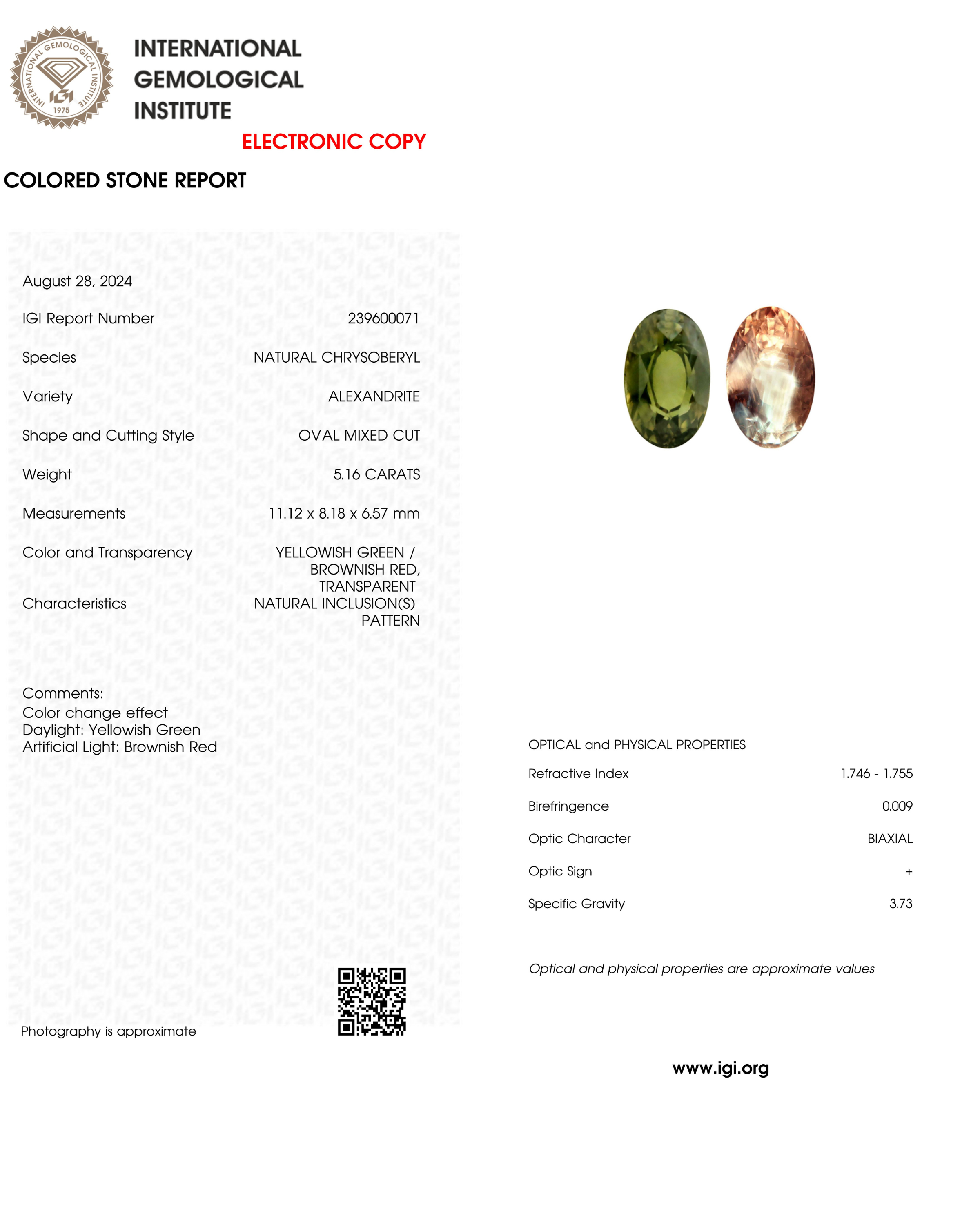 IGI Certified 5.16 Ct Natural Alexandrite
