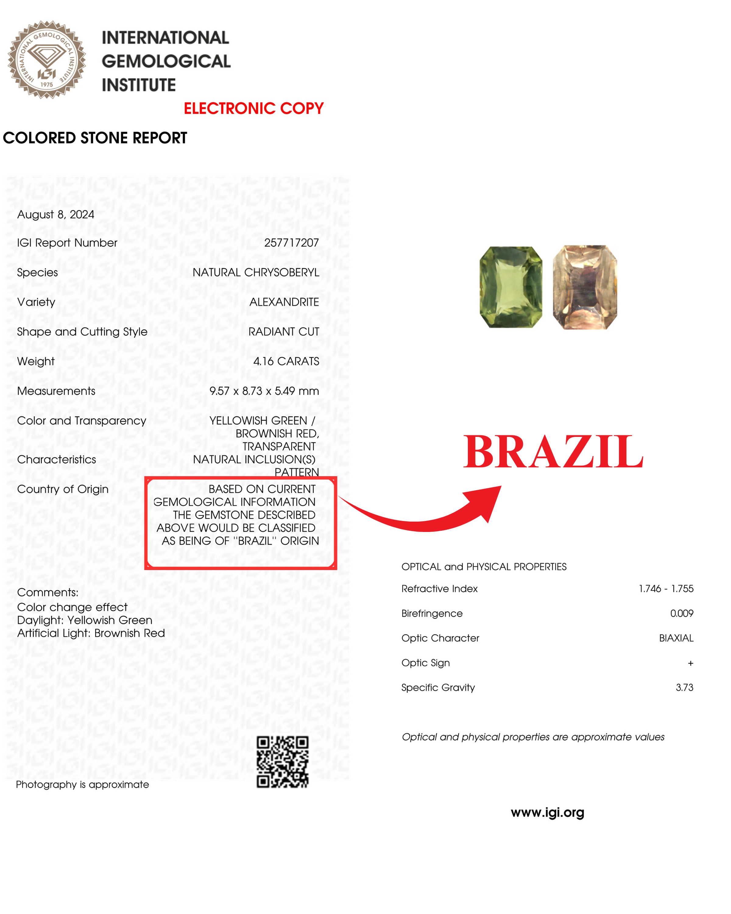 IGI Certified 4.16 Ct Natural Brazil Alexandrite