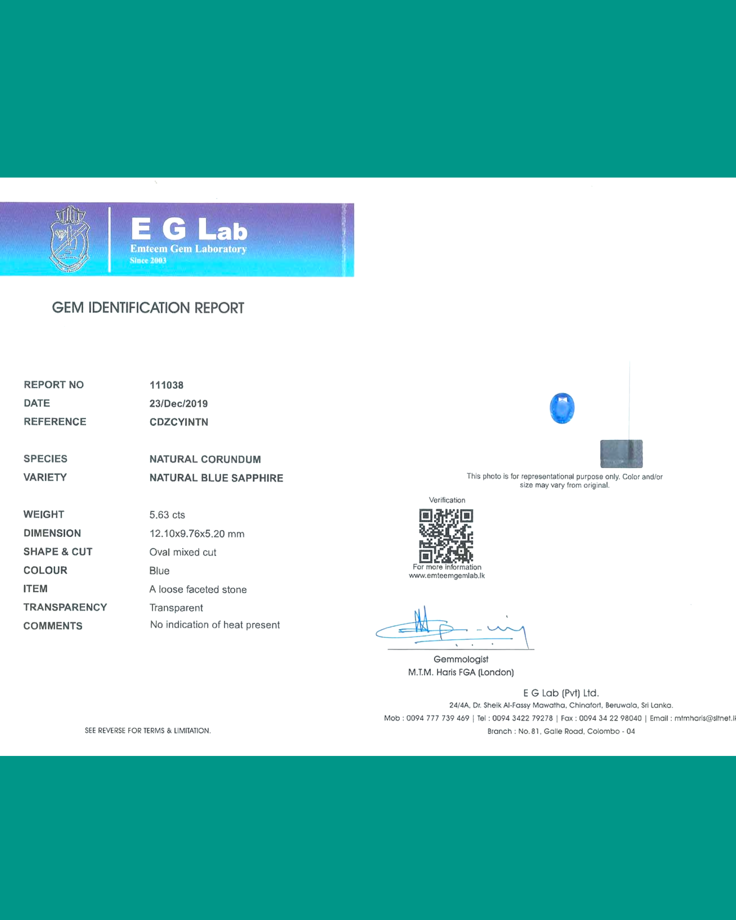 EGL Certified 5.63 Ct - 6.25 Ratti Natural Unheated Ceylon Blue Sapphire - Neelam