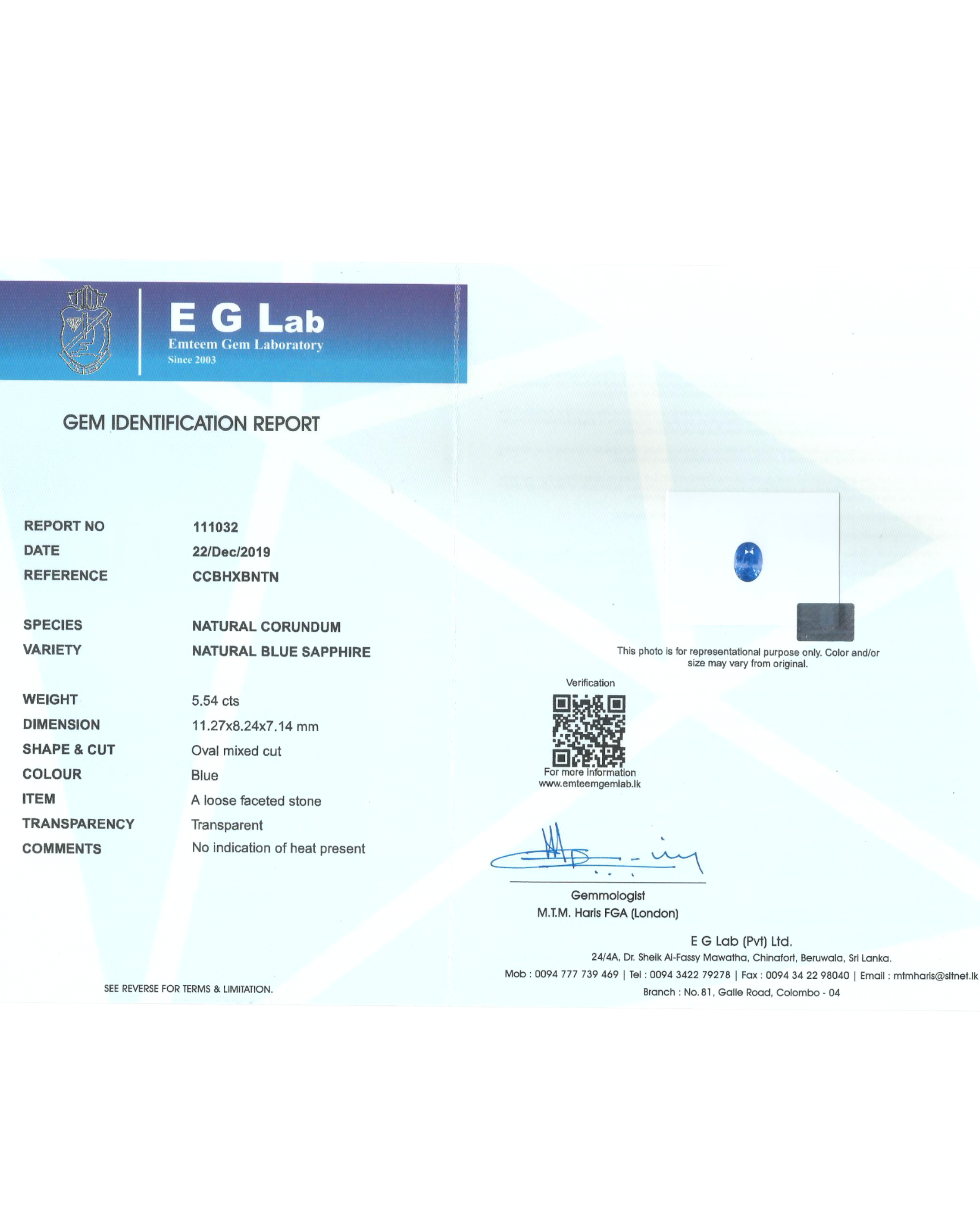EGL Certified 5.54 Ct - 6.15 Ratti Natural Unheated Ceylon Blue Sapphire - Neelam
