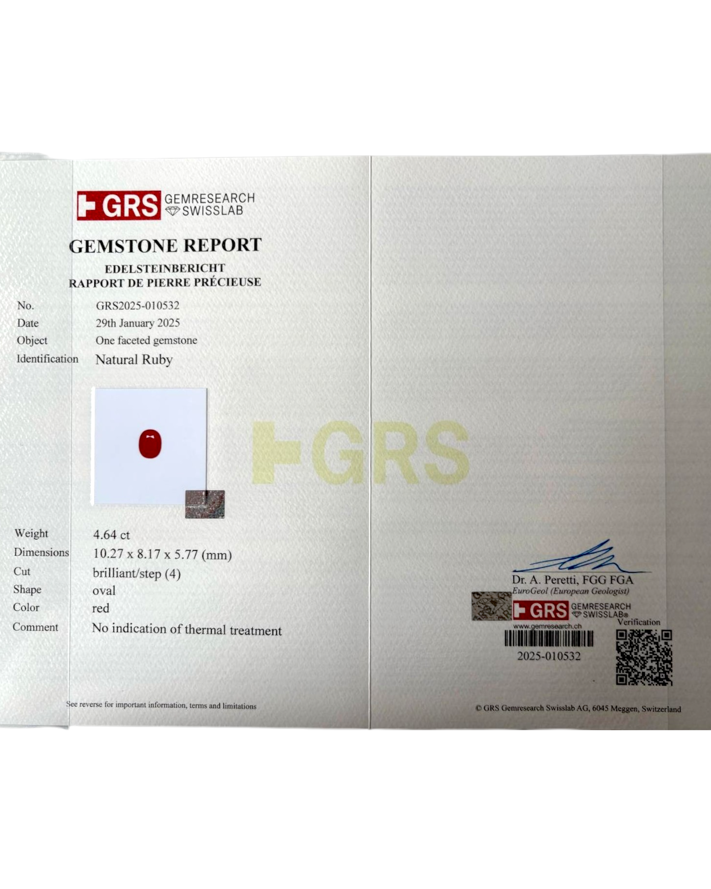 Exclusive GRS Certified 4.64 Ct Natural Unheated Untreated Ruby - Manik