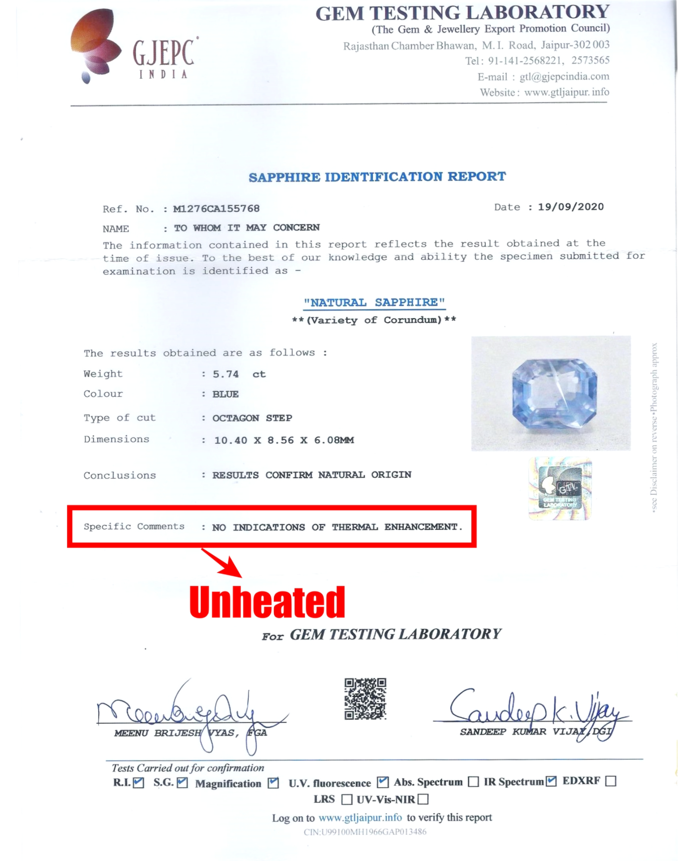 GTL Certified 5.74 Ct - 6.37 Ratti Natural Unheated Ceylon Blue Sapphire - Neelam