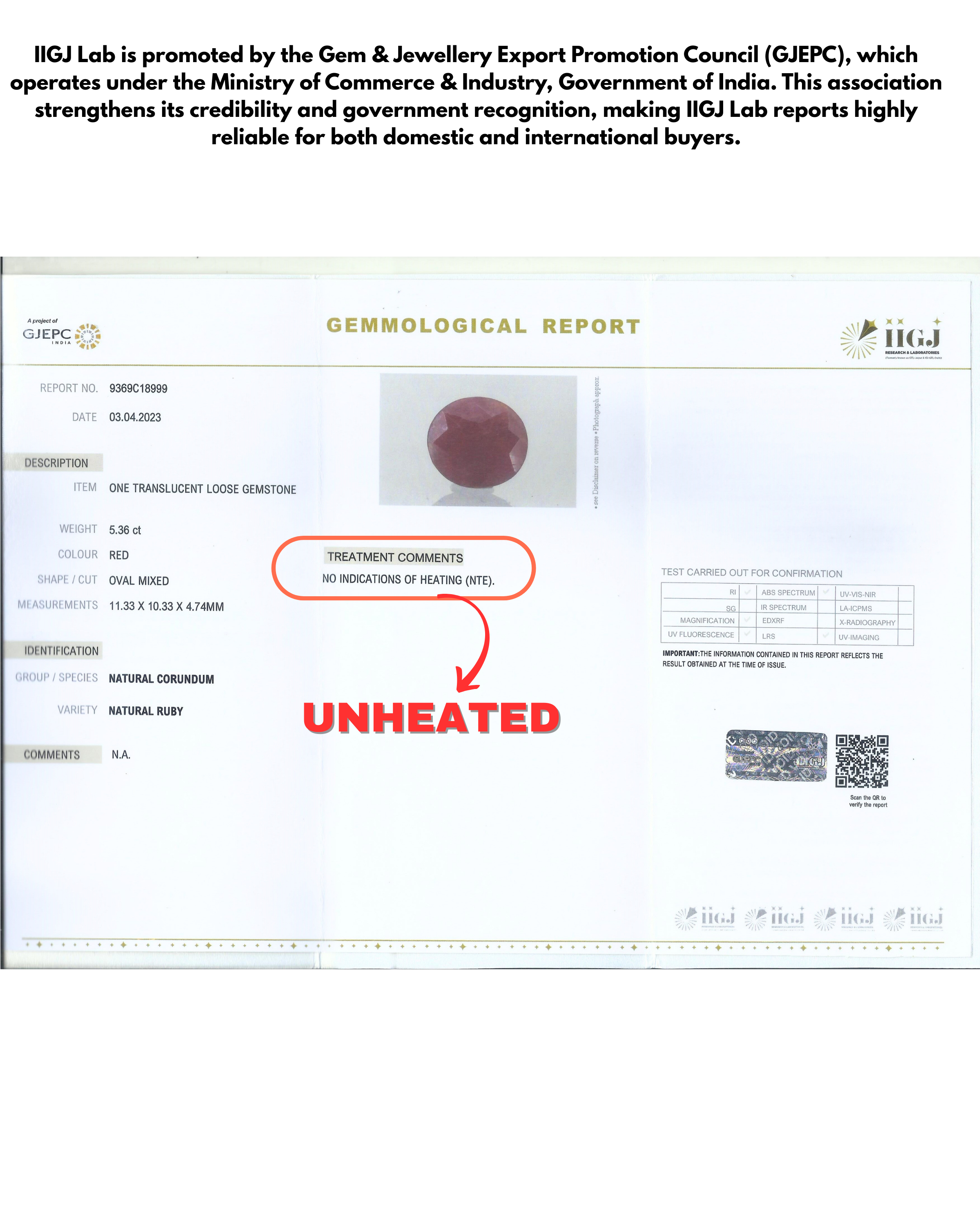 IIGJ Certified 5.36 Ct - 5.95  Ratti Unheated Untreated Natural Ruby Manik