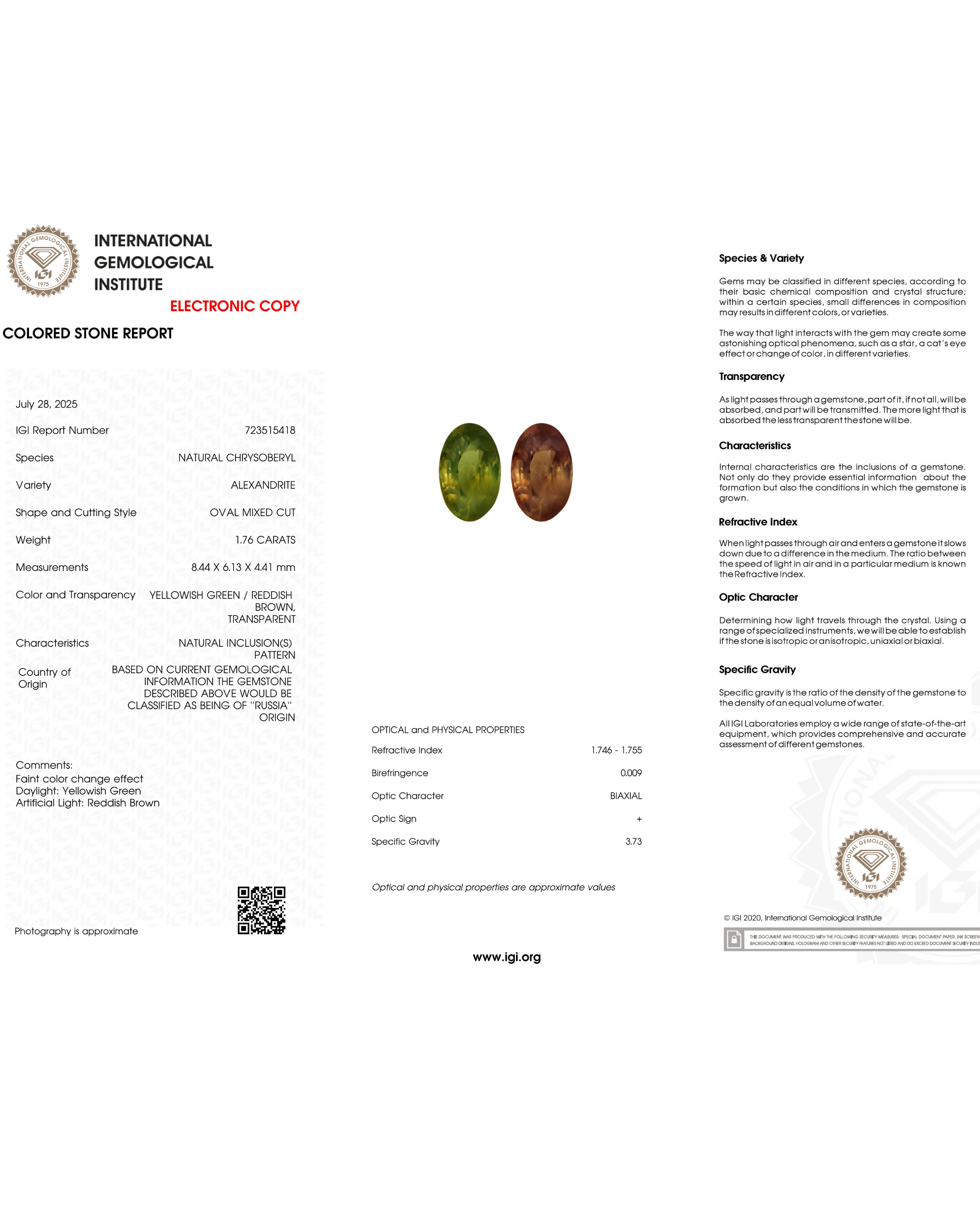 IGI Certified 1.76 Ct Natural Russia Alexandrite