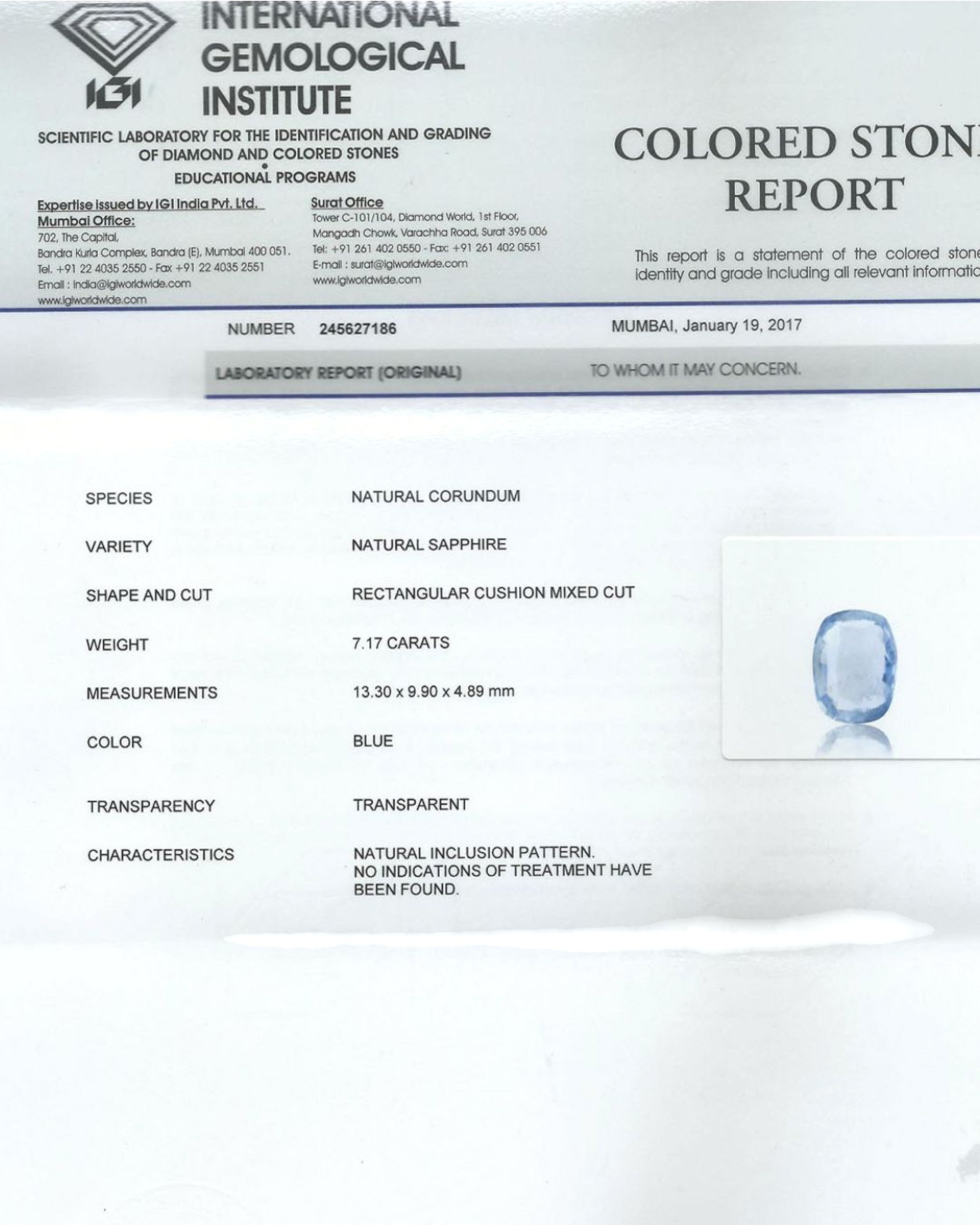 IGI Certified 7.17 Ct - 7.96 Ratti Natural Unheated Ceylon Blue Sapphire - Neelam