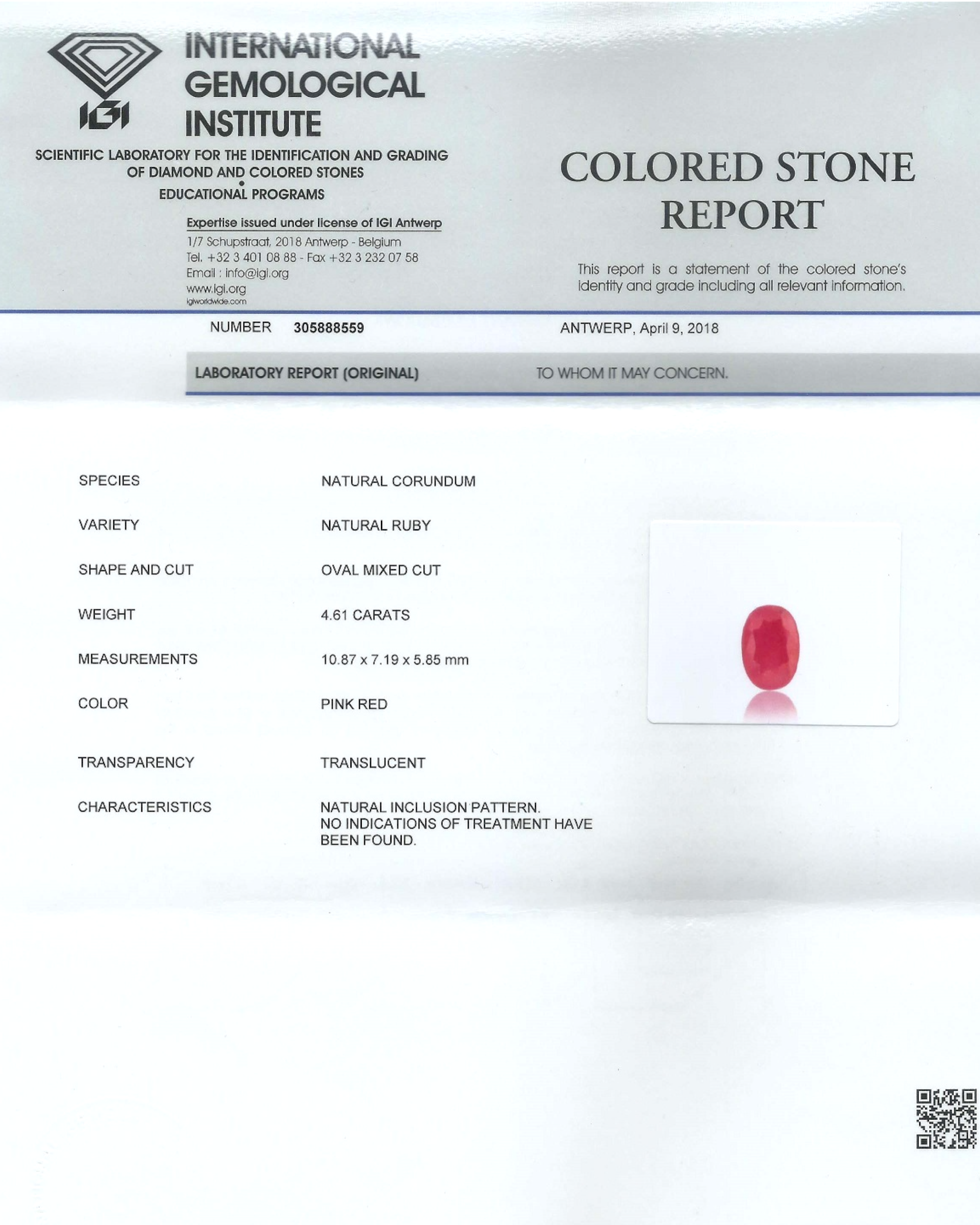 IGI Certified 4.61 Ct - 5.12 Ratti Natural Unheated Ruby