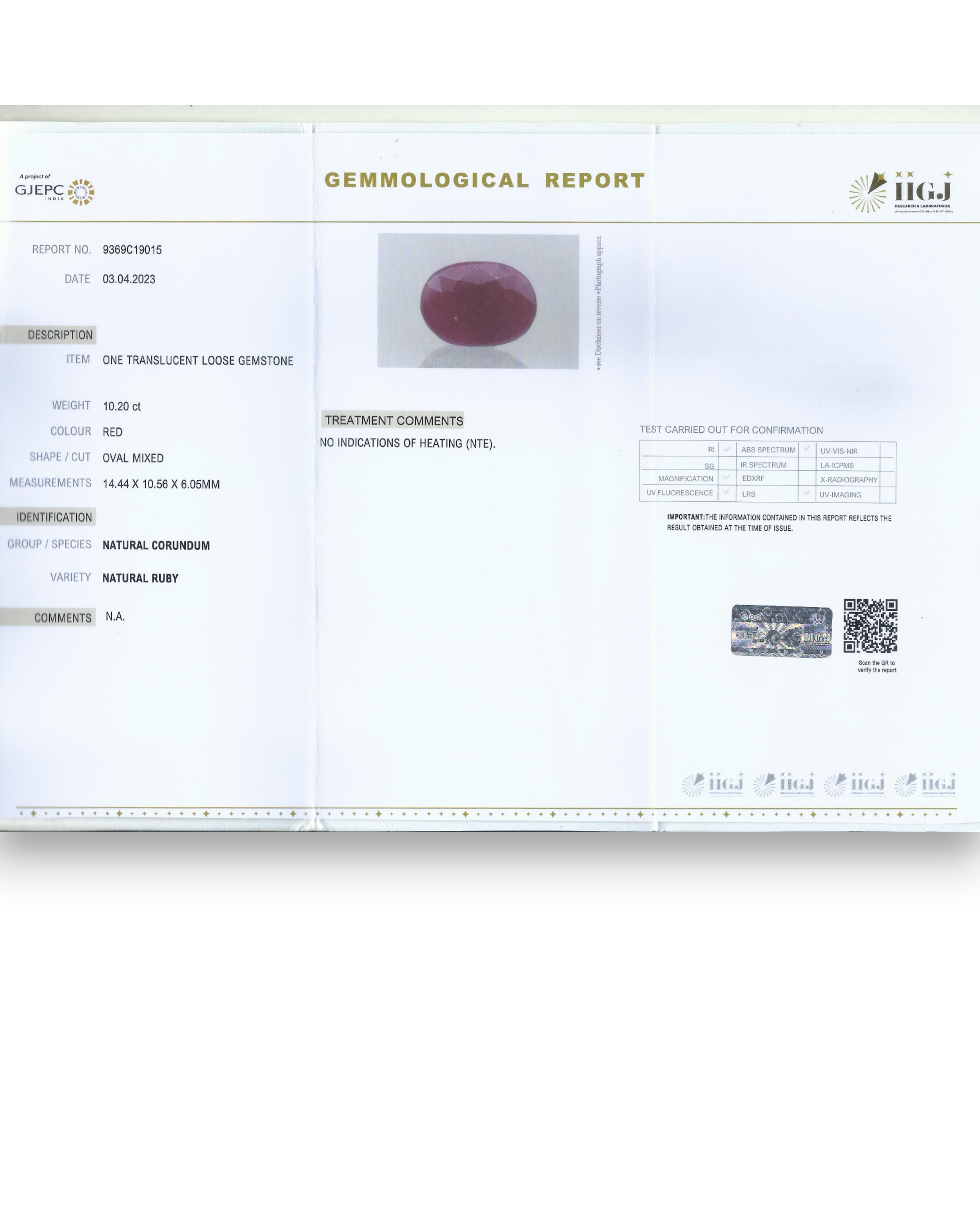 IIGJ Certified 10.20 Ct - 11.33 Ratti Unheated Untreated Natural Ruby Manik
