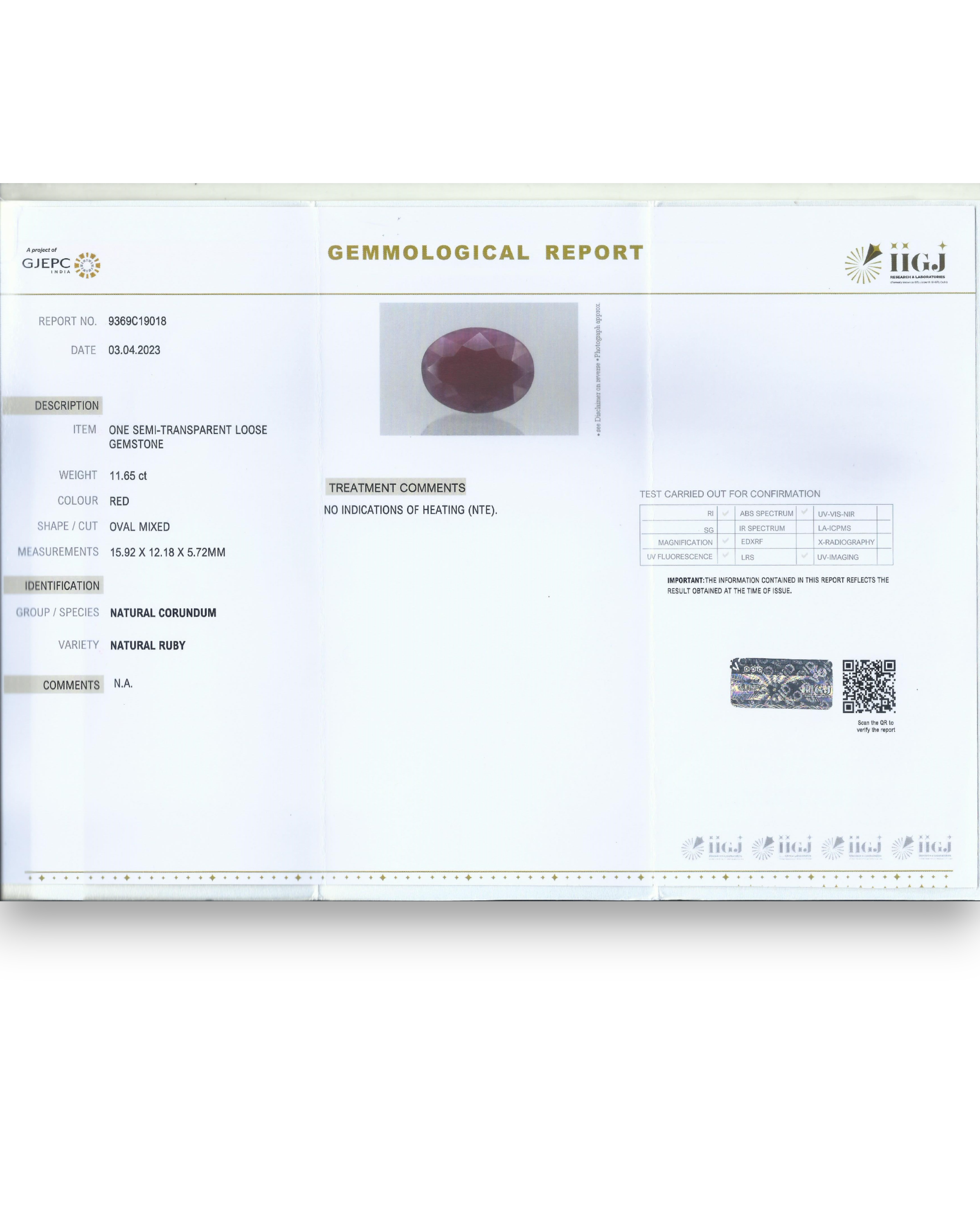 IIGJ Certified 11.65 Ct - 12.94 Ratti Unheated Untreated Natural Ruby Manik