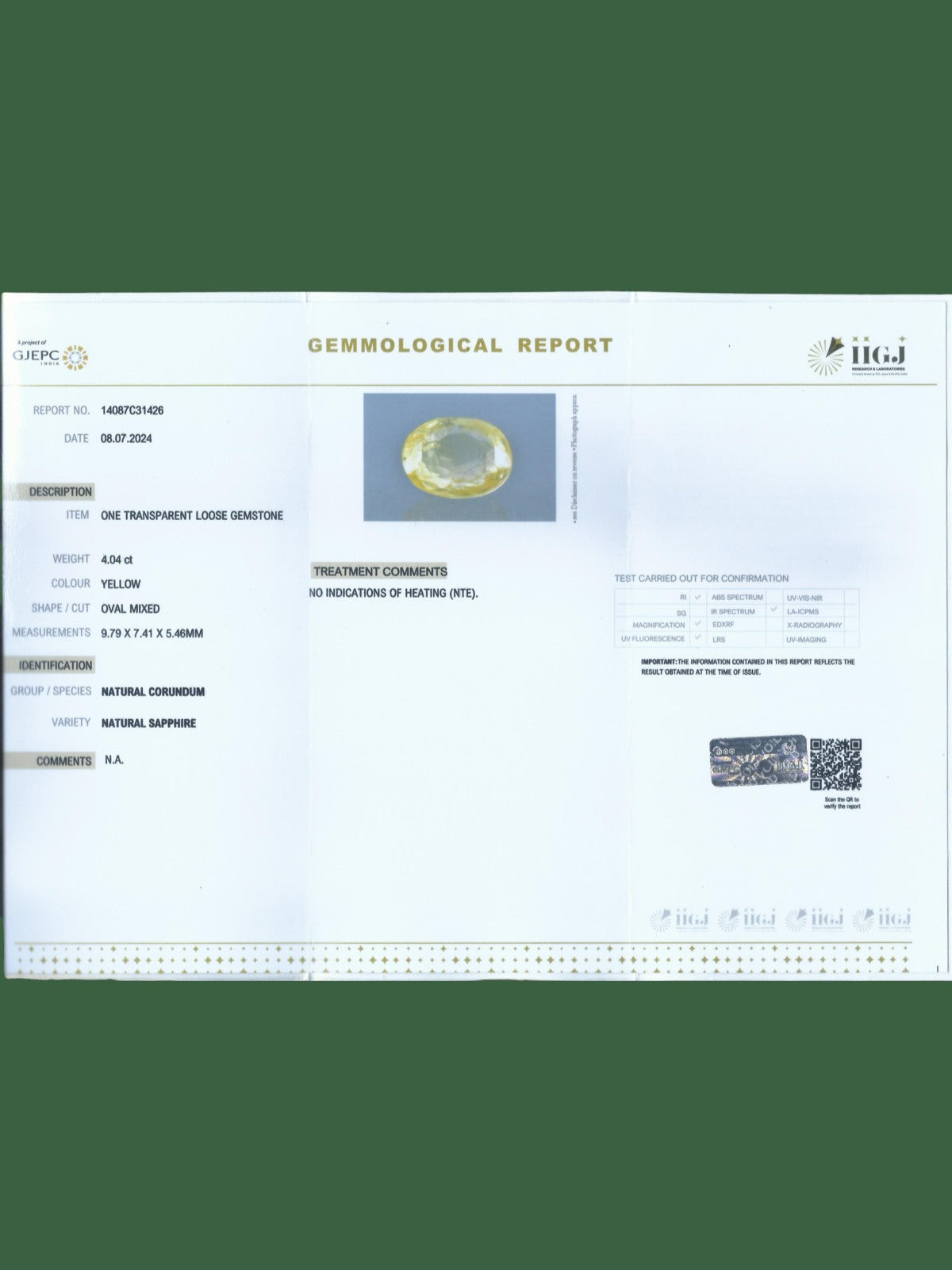 IIGJ Certified 4.04 Ct - 4.48 Ratti Natural Unheated Ceylon Yellow Sapphire -Pukhraj