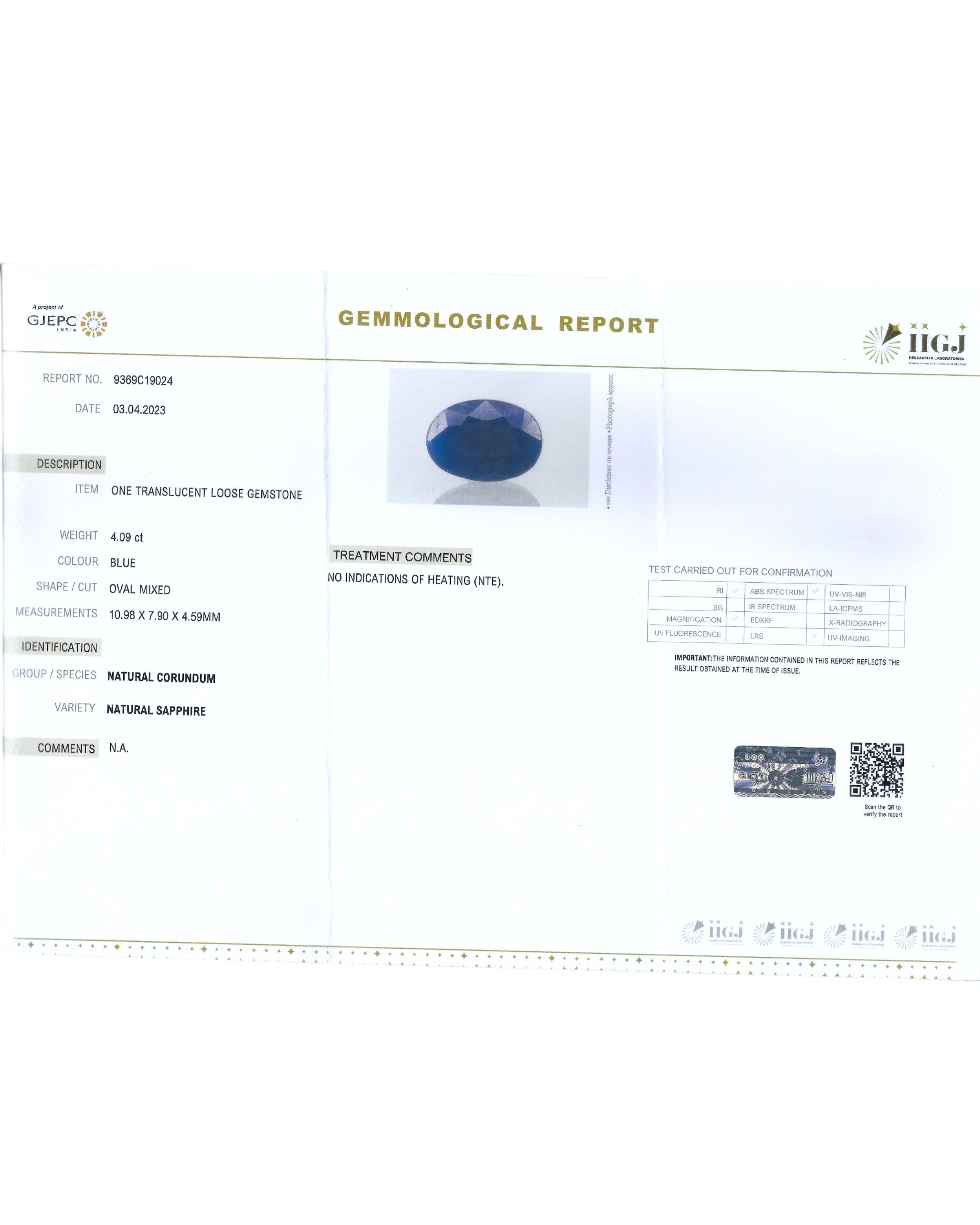 IIGJ Certified 4.09 Ct - 4.54 Ratti Natural Unheated Blue Sapphire-Neelam