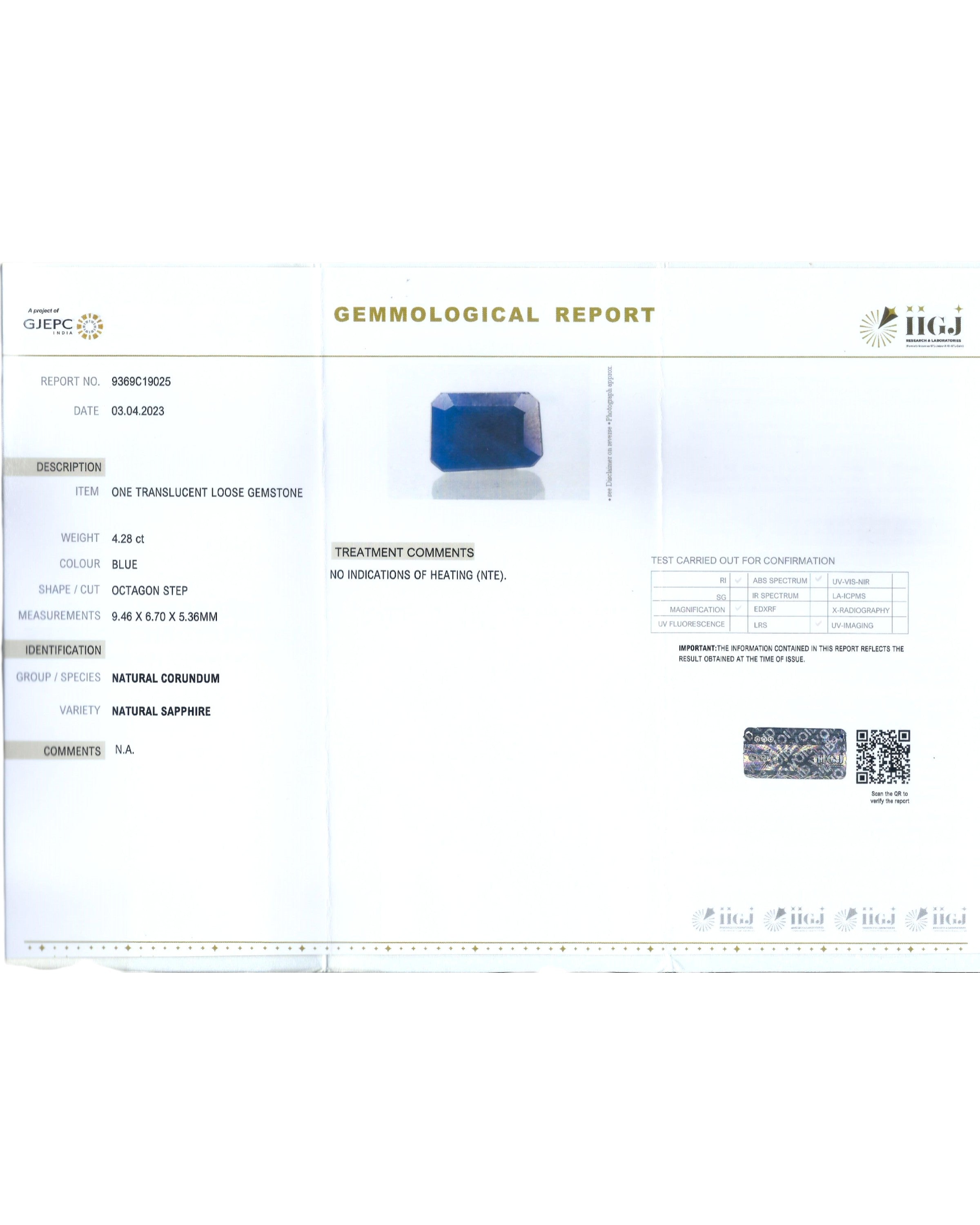 IIGJ Certified 4.28 Ct - 4.75 Ratti Natural Unheated Blue Sapphire-Neelam