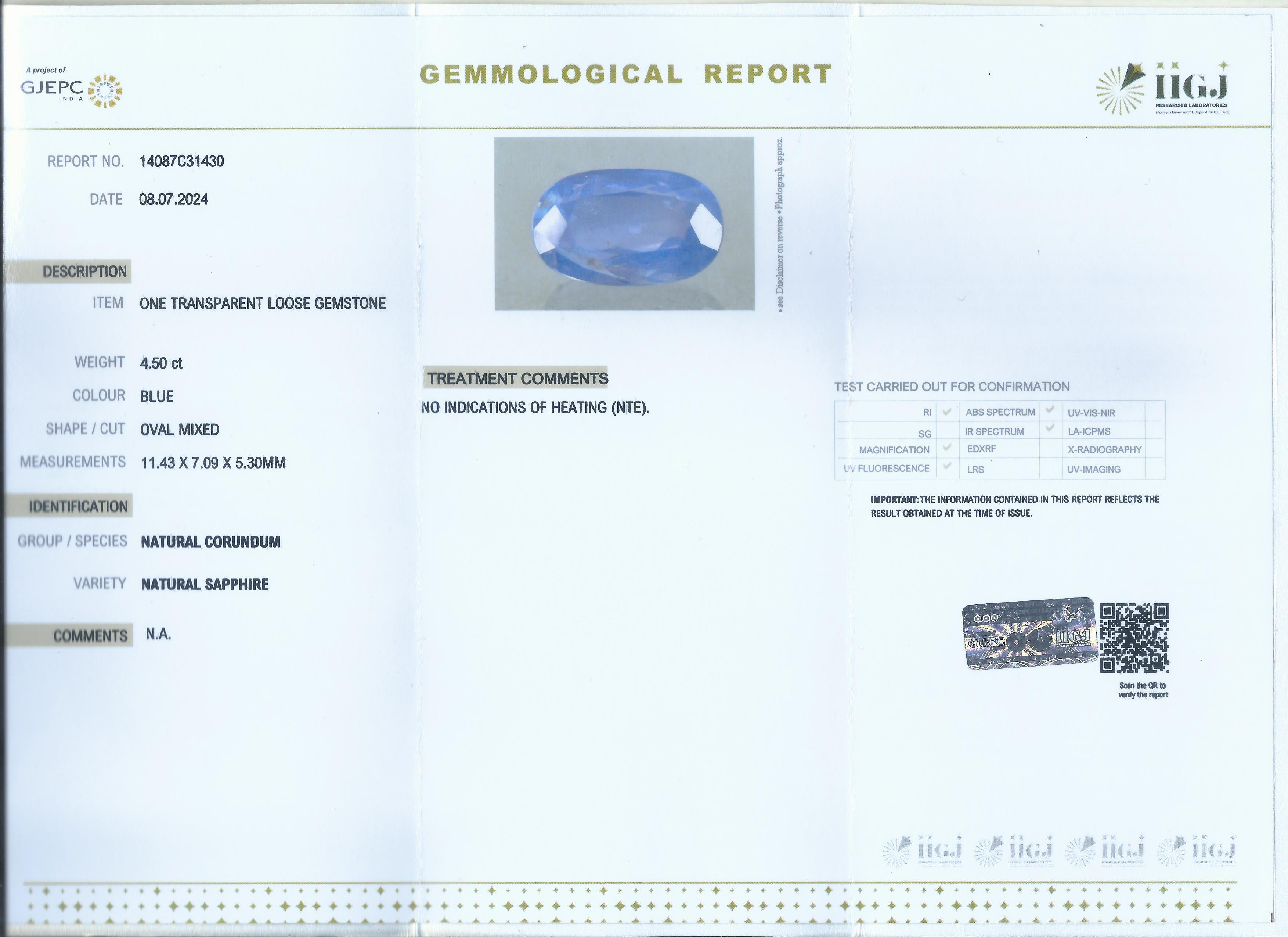 IIGJ Certified 4.50 Ct - 5 Ratti Natural Unheated Ceylon Blue Sapphire - Neelam