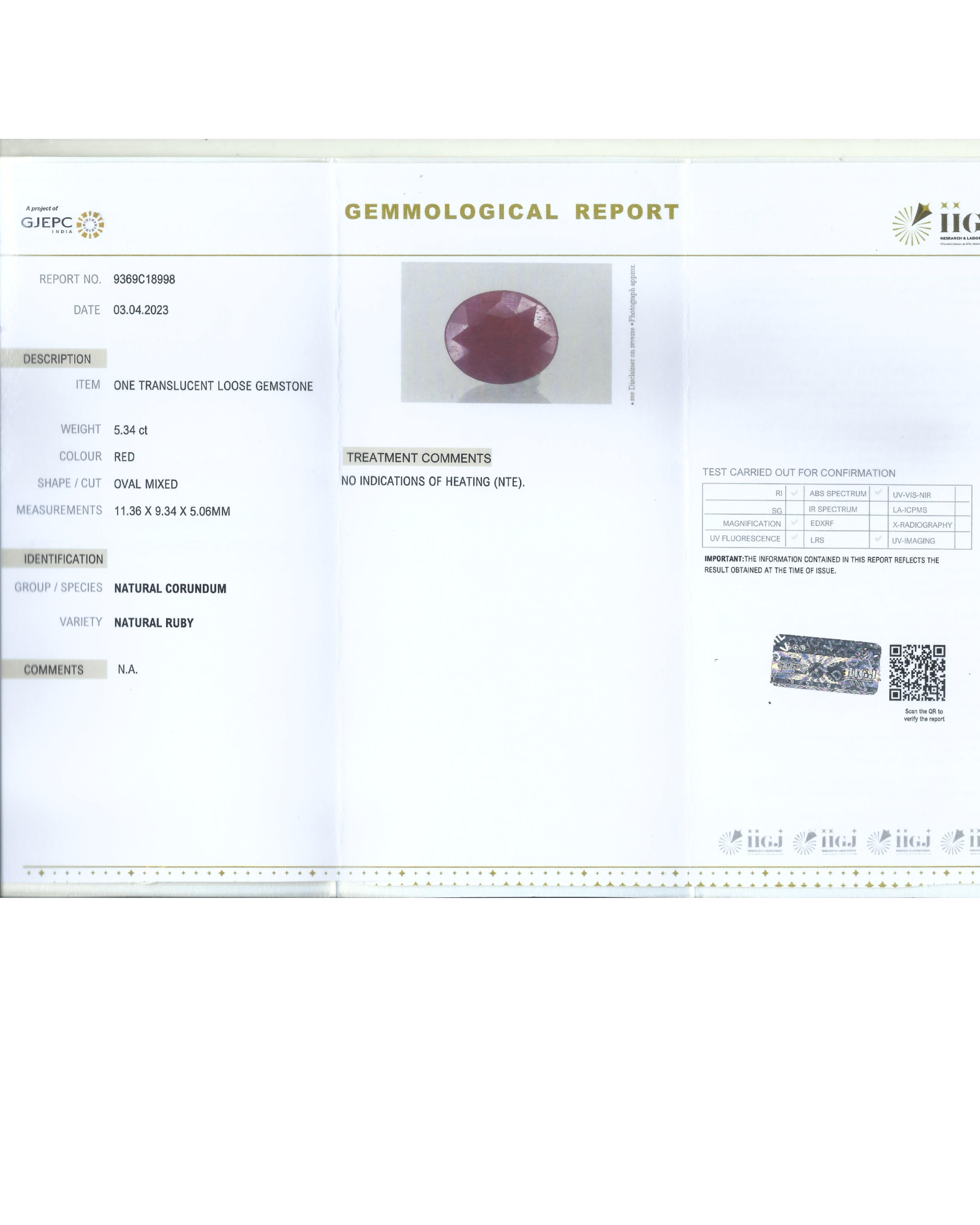 IIGJ Certified 5.34 Ct - 5.93 Ratti Unheated Untreated Natural Ruby Manik