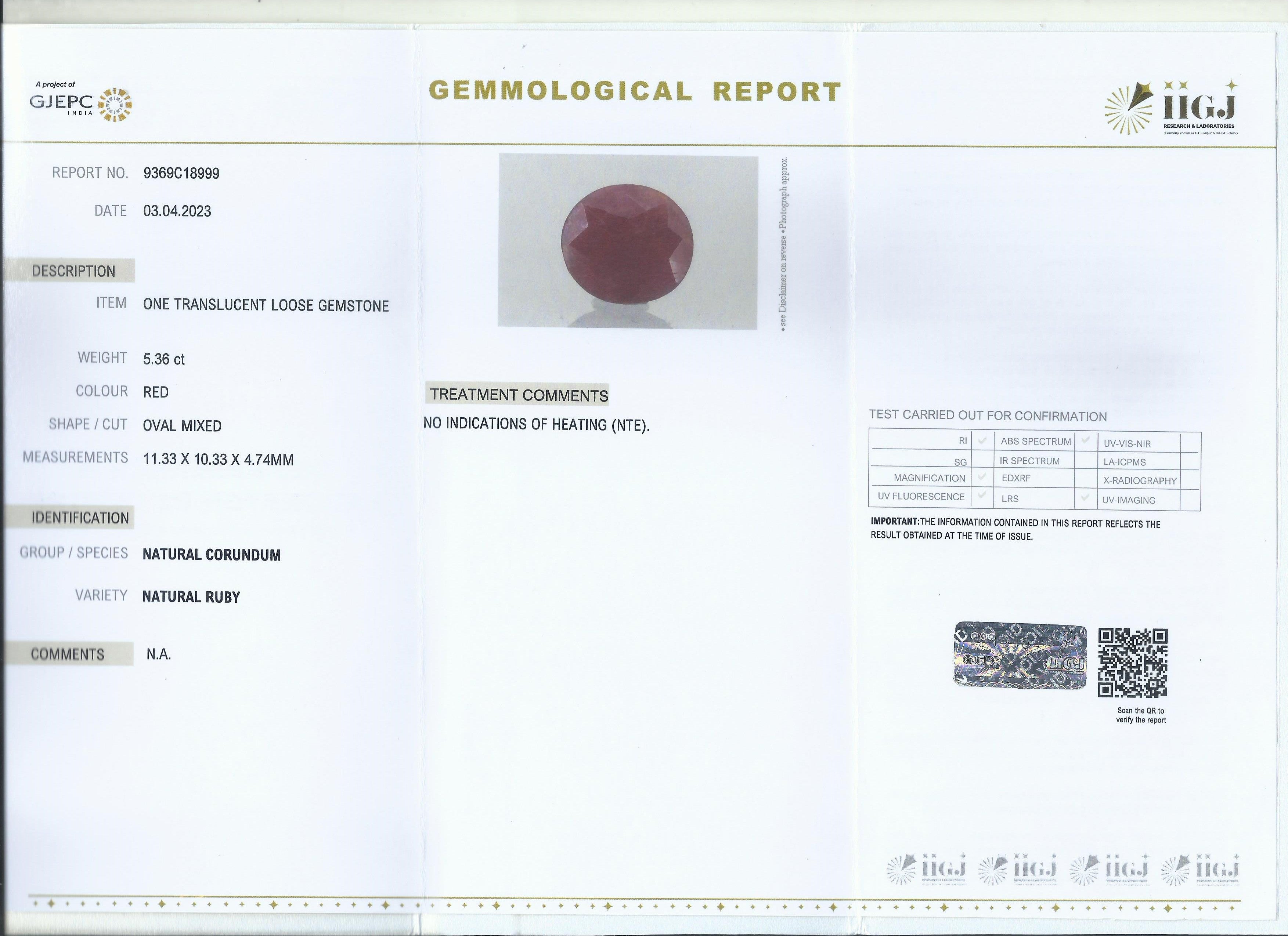IIGJ Certified 5.36 Ct - 5.95  Ratti Unheated Untreated Natural Ruby Manik