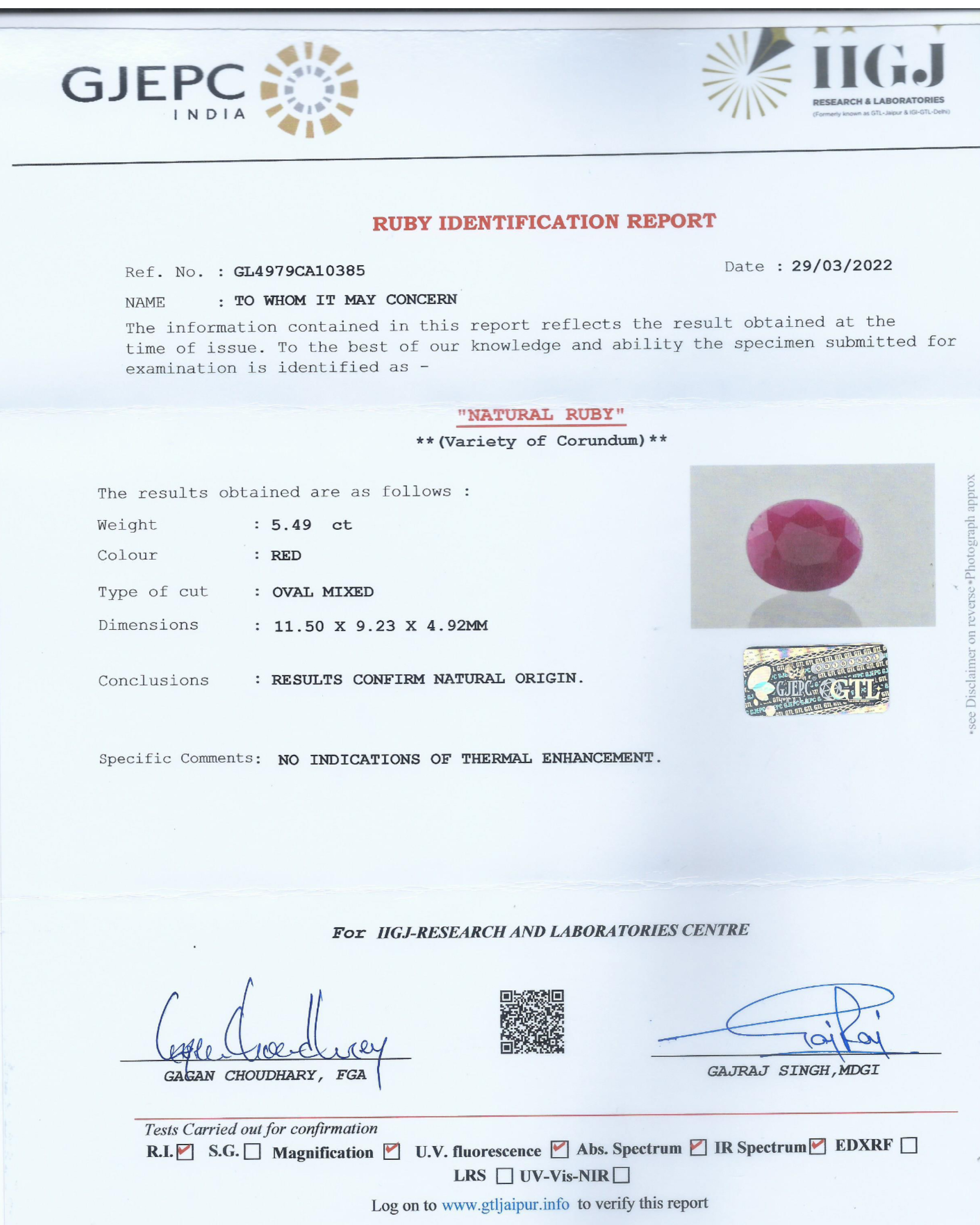 IIGJ Certified 5.49 Ct - 6.10 Ratti Unheated Untreated Natural Ruby Manik