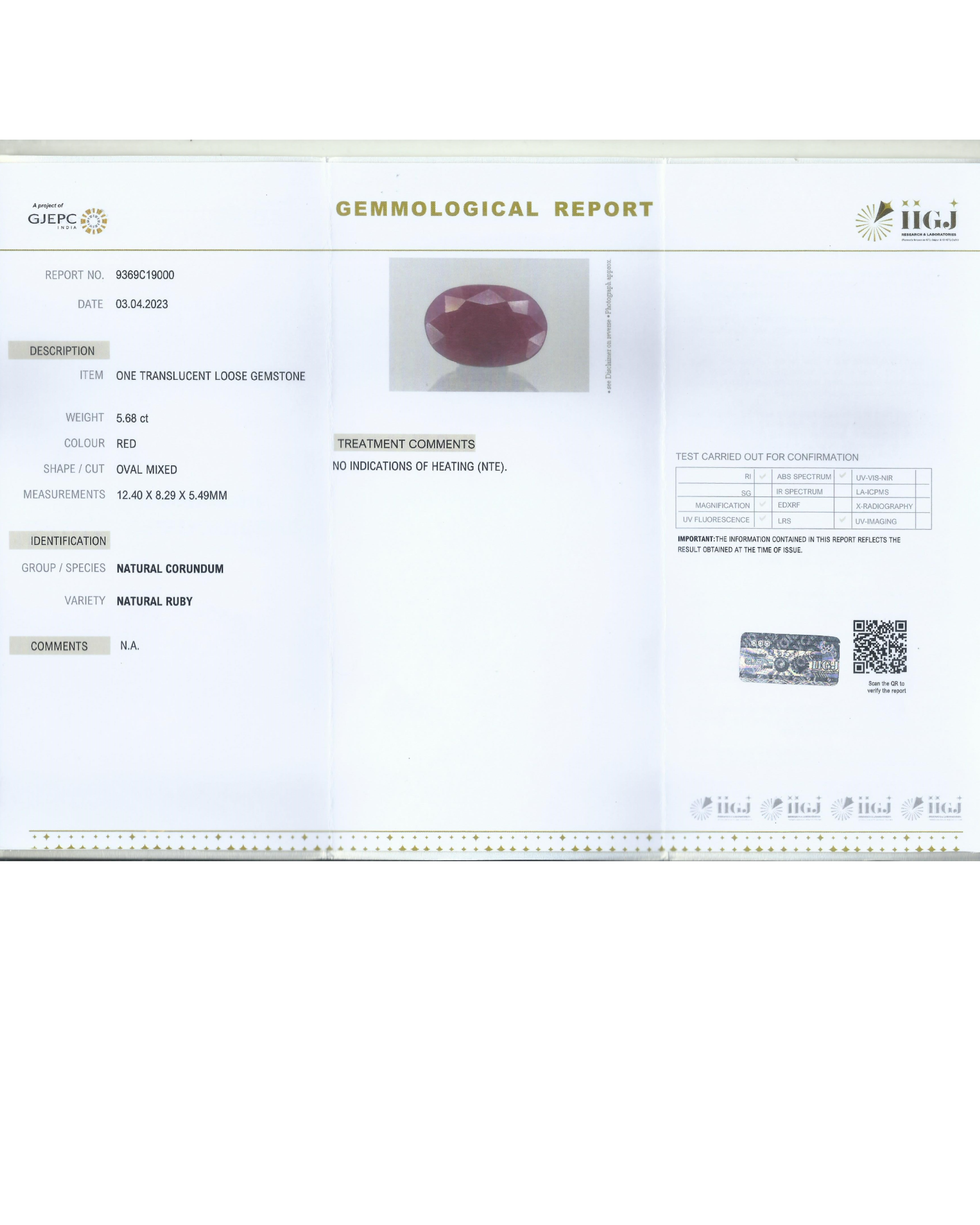 IIGJ Certified 5.68 Ct - 6.31 Ratti Unheated Untreated Natural Ruby Manik
