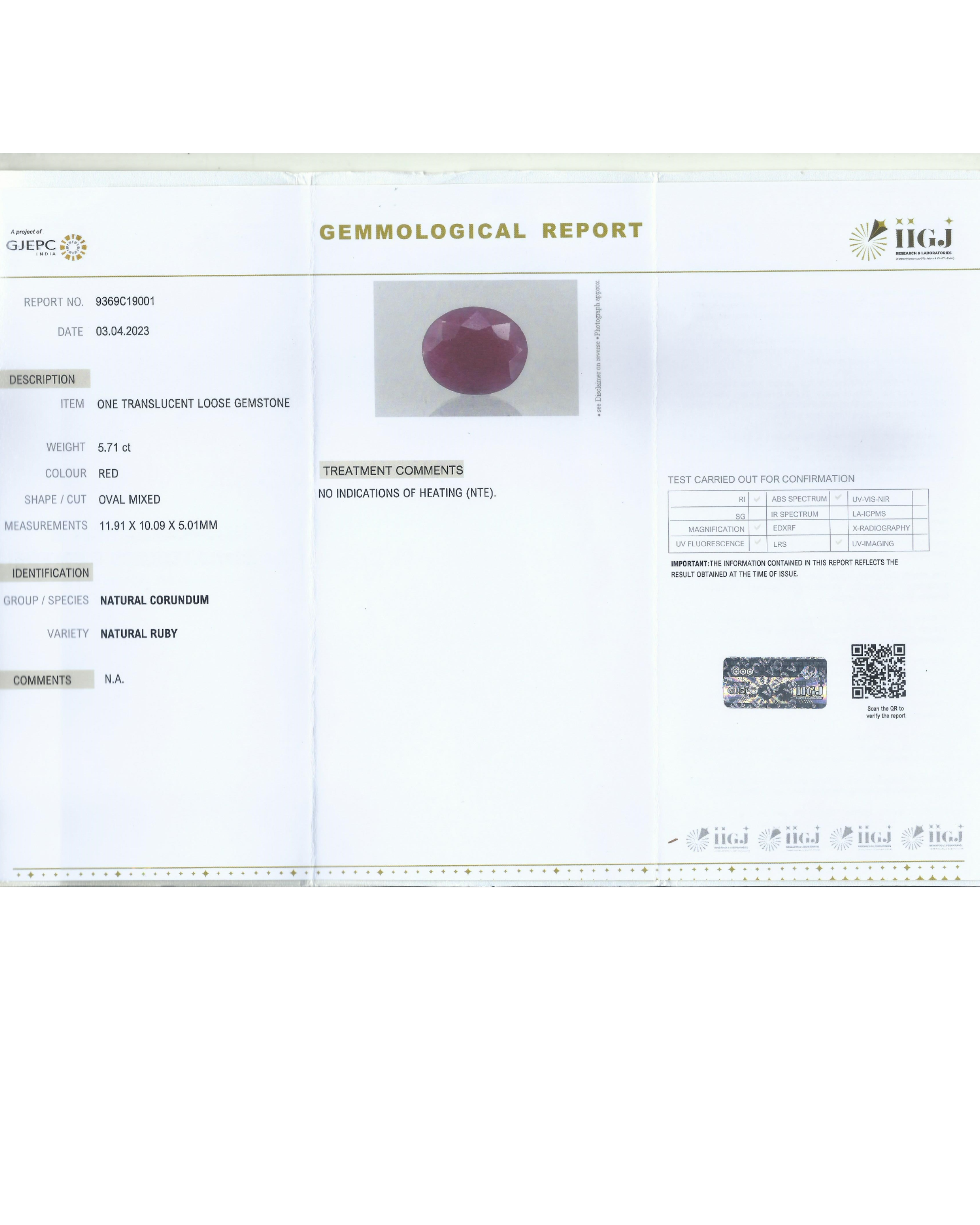 IIGJ Certified 5.71 Ct - 6.34  Ratti Unheated Untreated Natural Ruby Manik