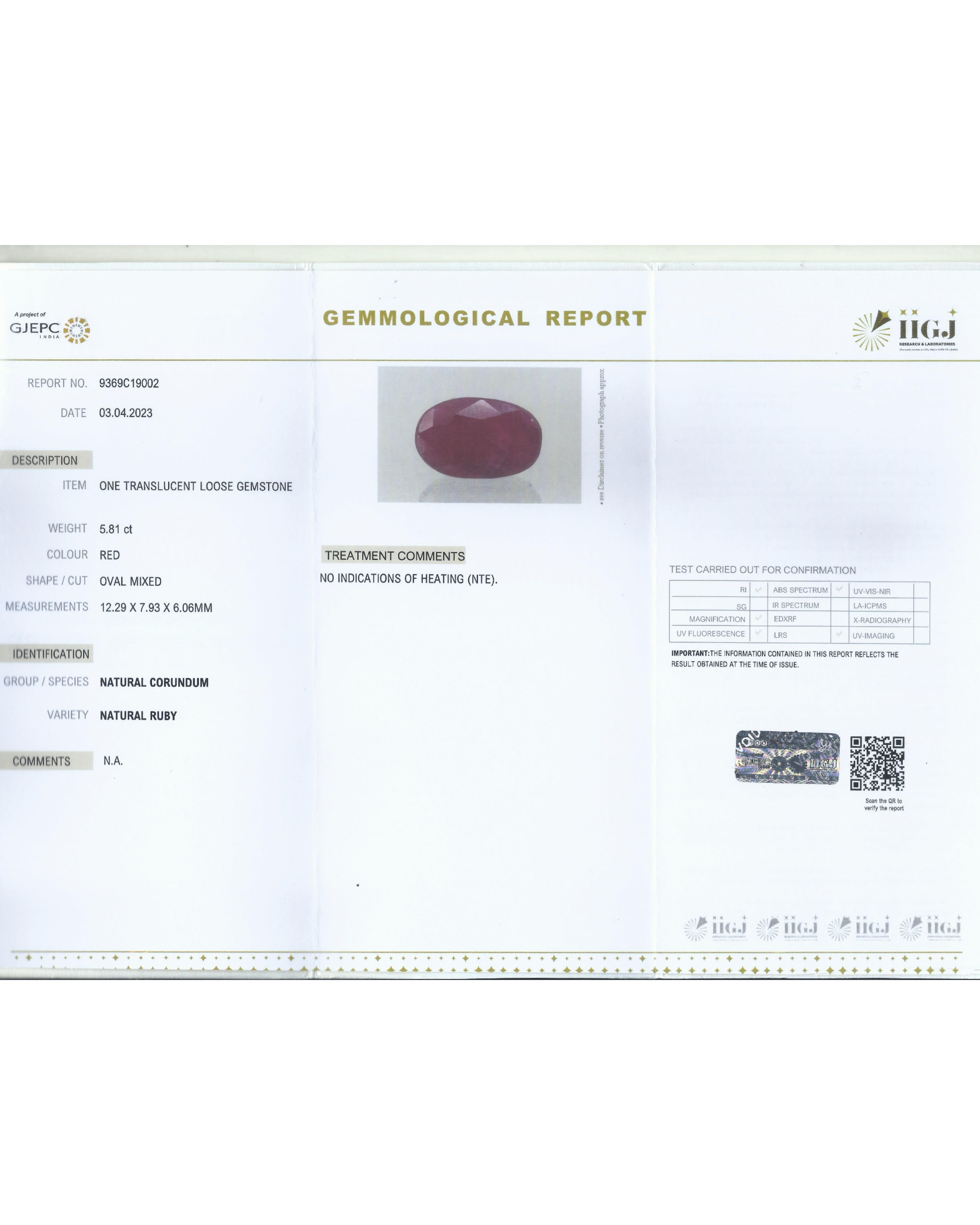 IIGJ Certified 5.81 Ct - 6.45 Ratti Unheated Untreated Natural Ruby Manik