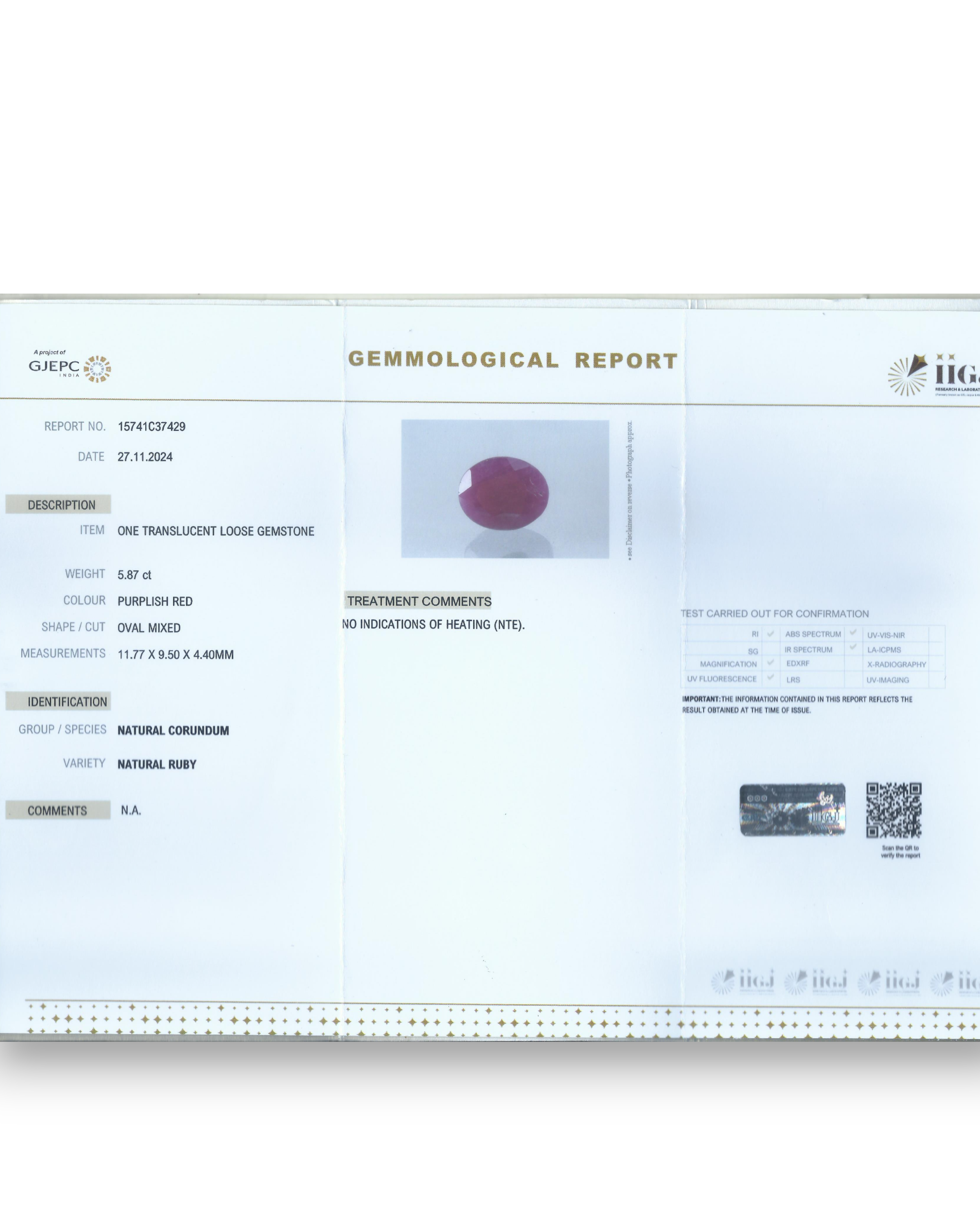 IIGJ Certified 5.87 Ct - 6.52 Ratti Unheated Untreated Natural Ruby Manik